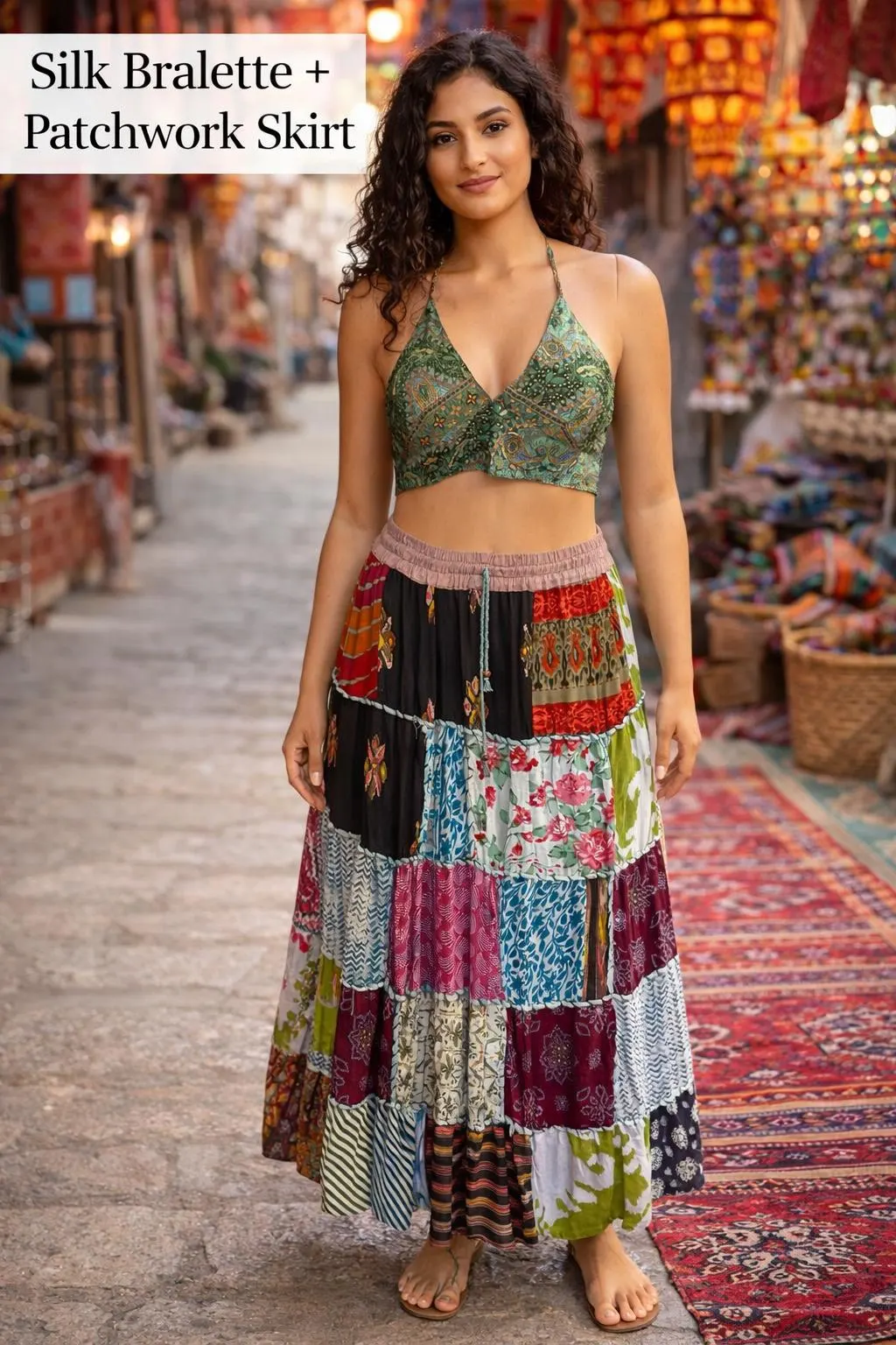 Reversible Sari Silk Halter Top – Boho Festival Bralette, Backless Tie Crop亚亚亚One Size亚亚亚