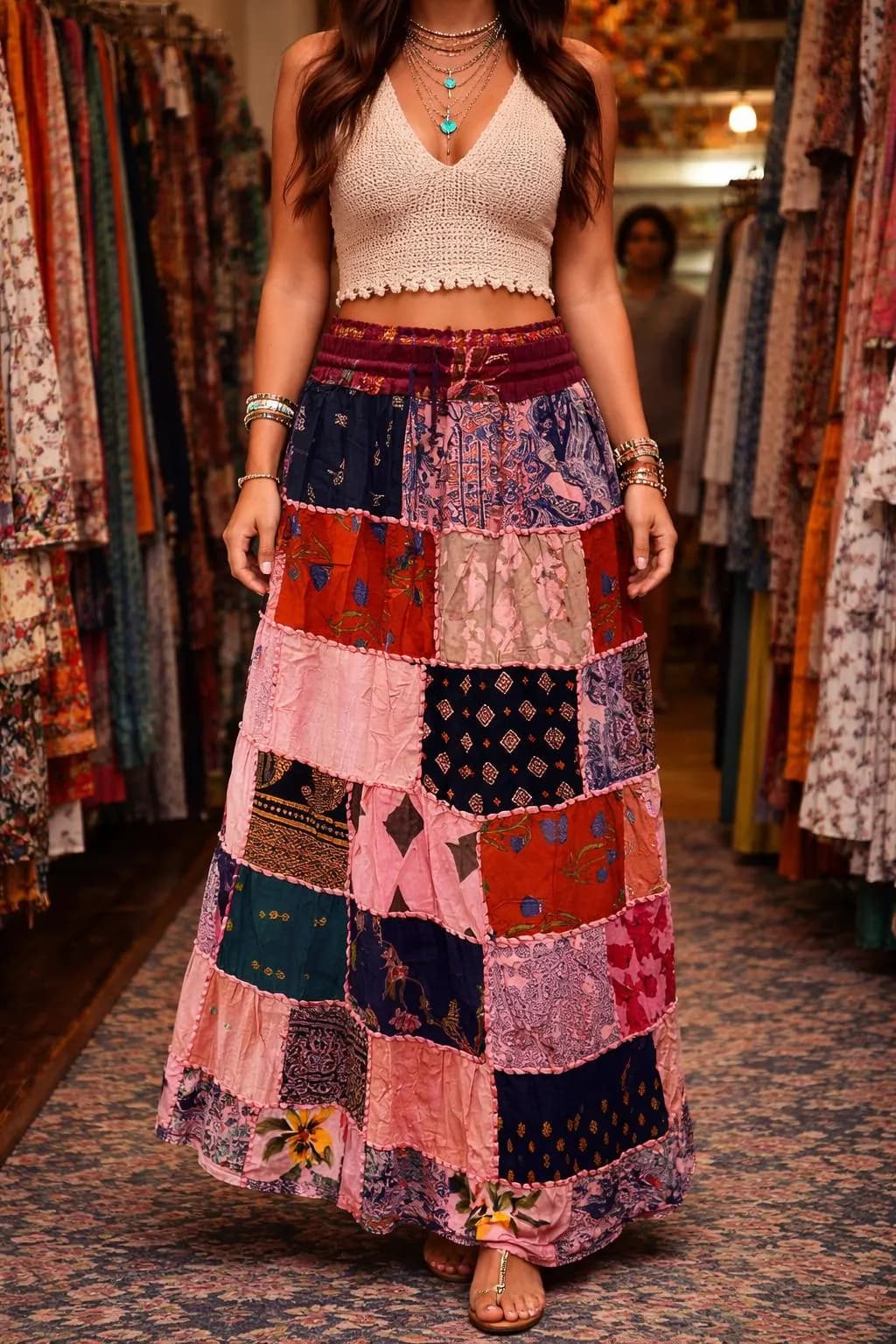 Boho Patchwork Maxi Skirt for Women, Cotton Hippie Skirt, Festival Gypsy Skirt, Elastic Waist Long Skirt, Handmade Patchwork Skirt - image 5