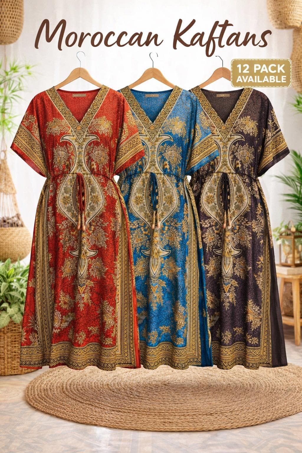 Wholesale 12 Pack Moroccan Kaftan Dresses: Boho Maxi Caftan Bundle (Red, Turquoise, Brown) - image 3