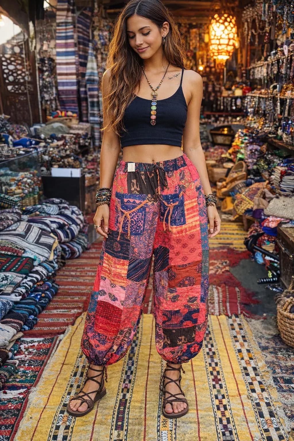 Patchwork Cotton Harem Pants with Pockets: Boho Hippie Festival Style