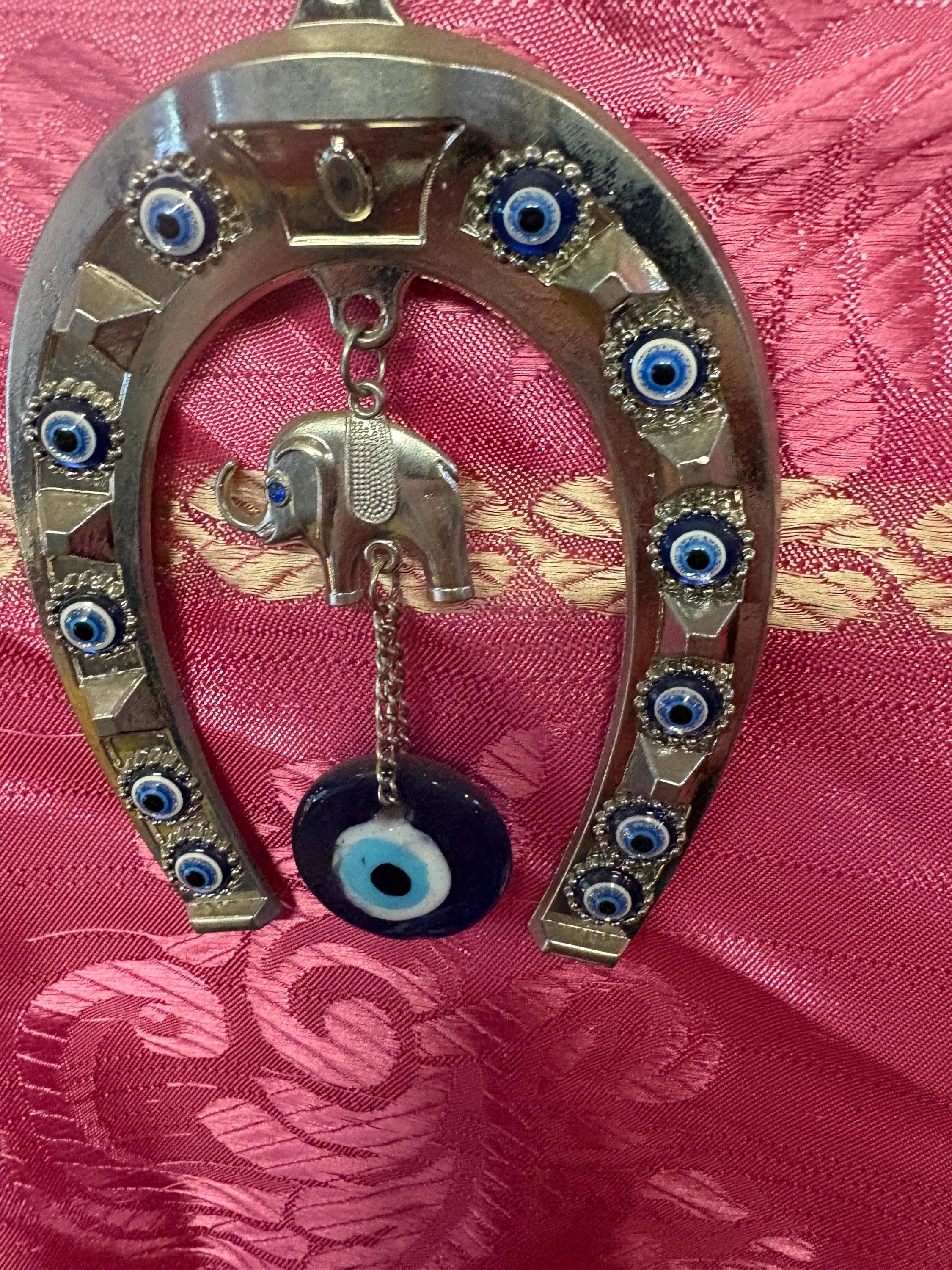 Handmade Turkish Evil Eye Horseshoe with Elephant Charm - Spiritual Home Decor - image 3