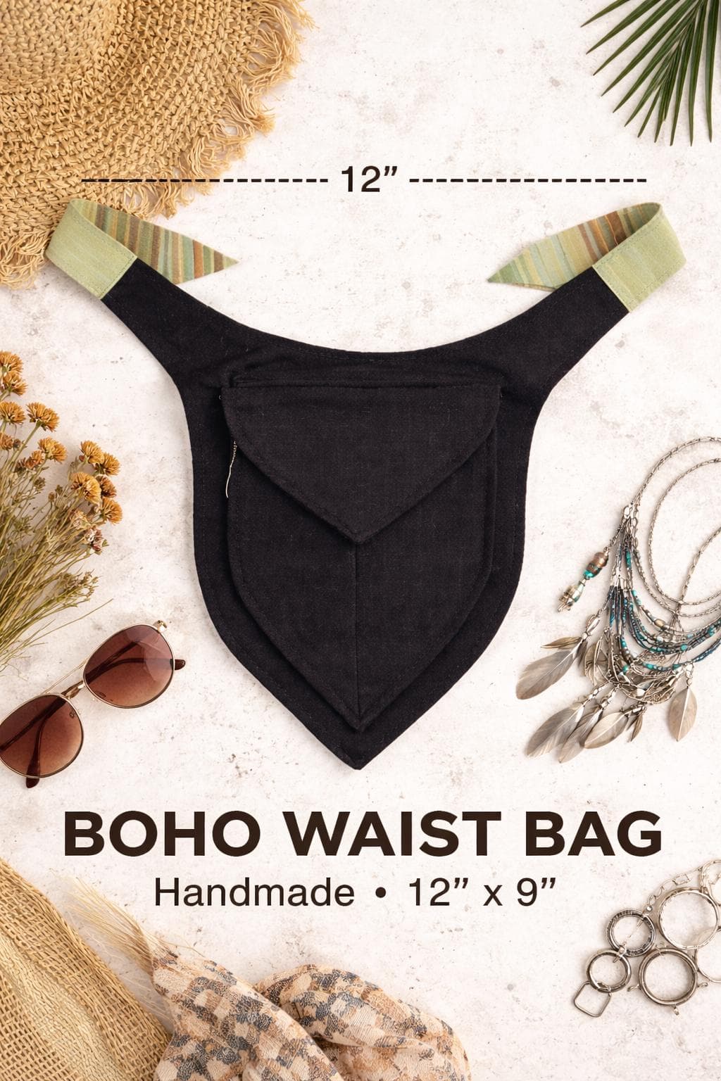 Boho Patchwork Cotton Waist Bag – Handmade Hip Pouch, Festival Belt Bag (12 x 9 Inches) - image 4