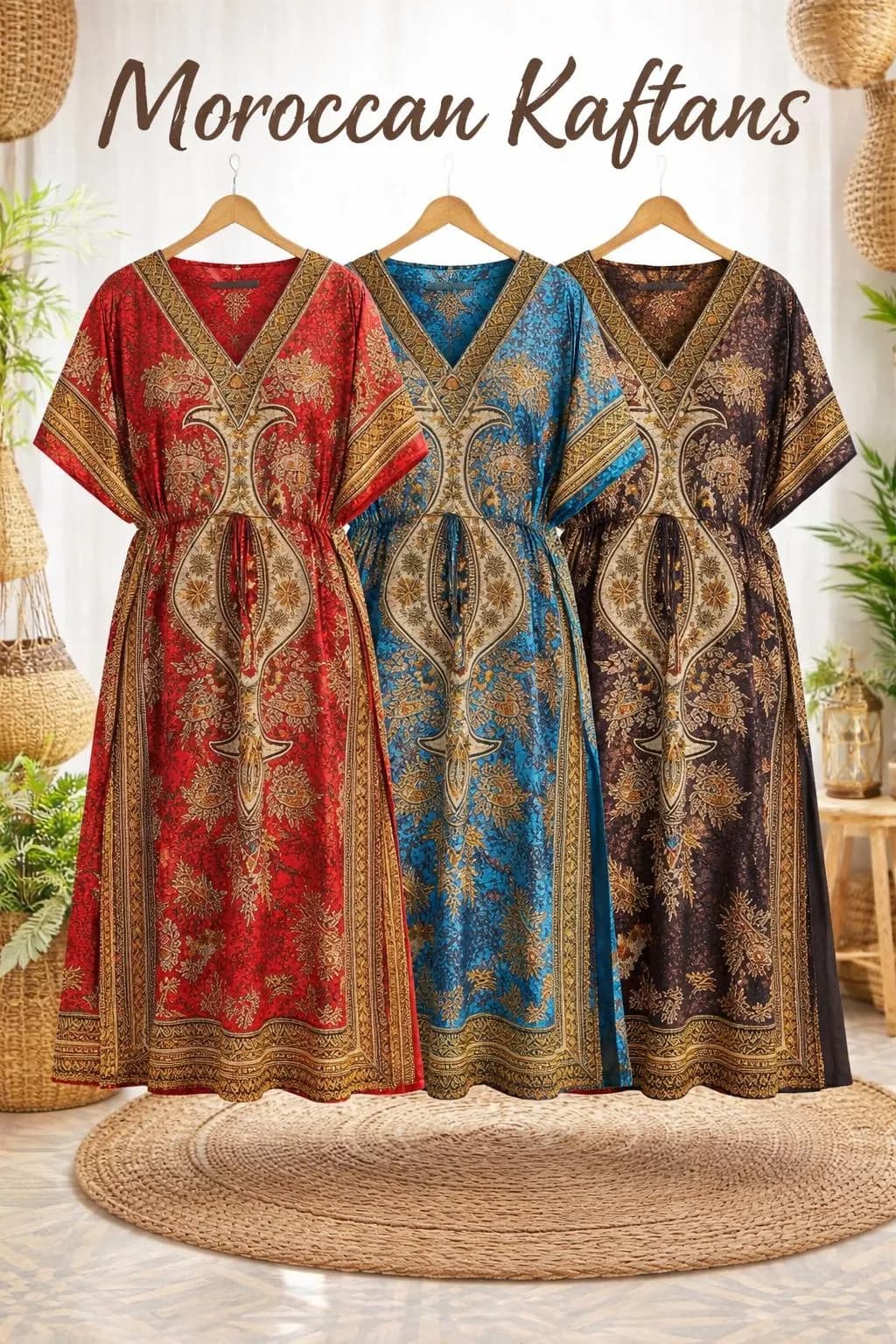 Wholesale 12 Pack Moroccan Kaftan Dresses: Boho Maxi Caftan Bundle (Red, Turquoise, Brown)