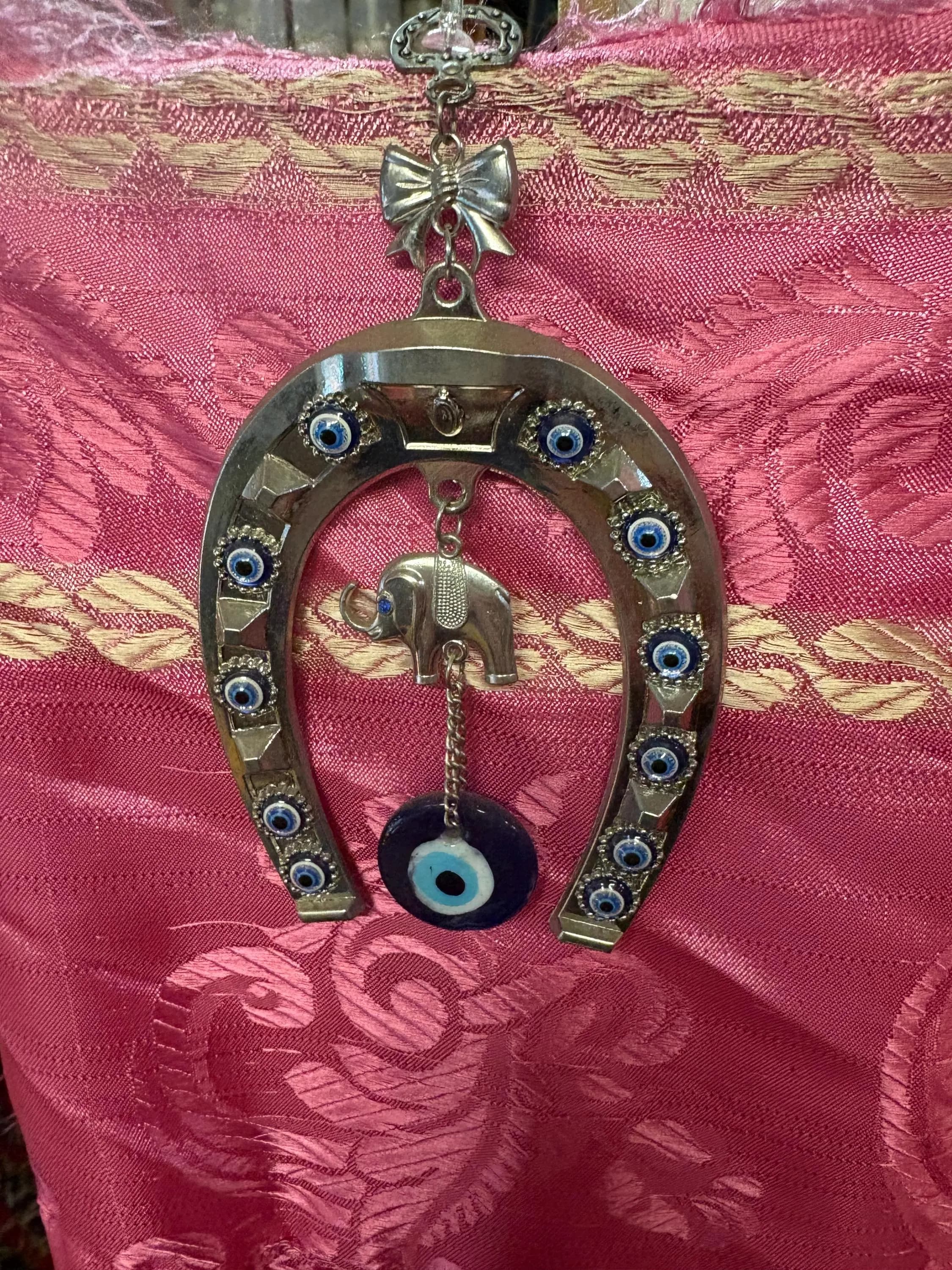 Handmade Turkish Evil Eye Horseshoe with Elephant Charm - Spiritual Home Decor