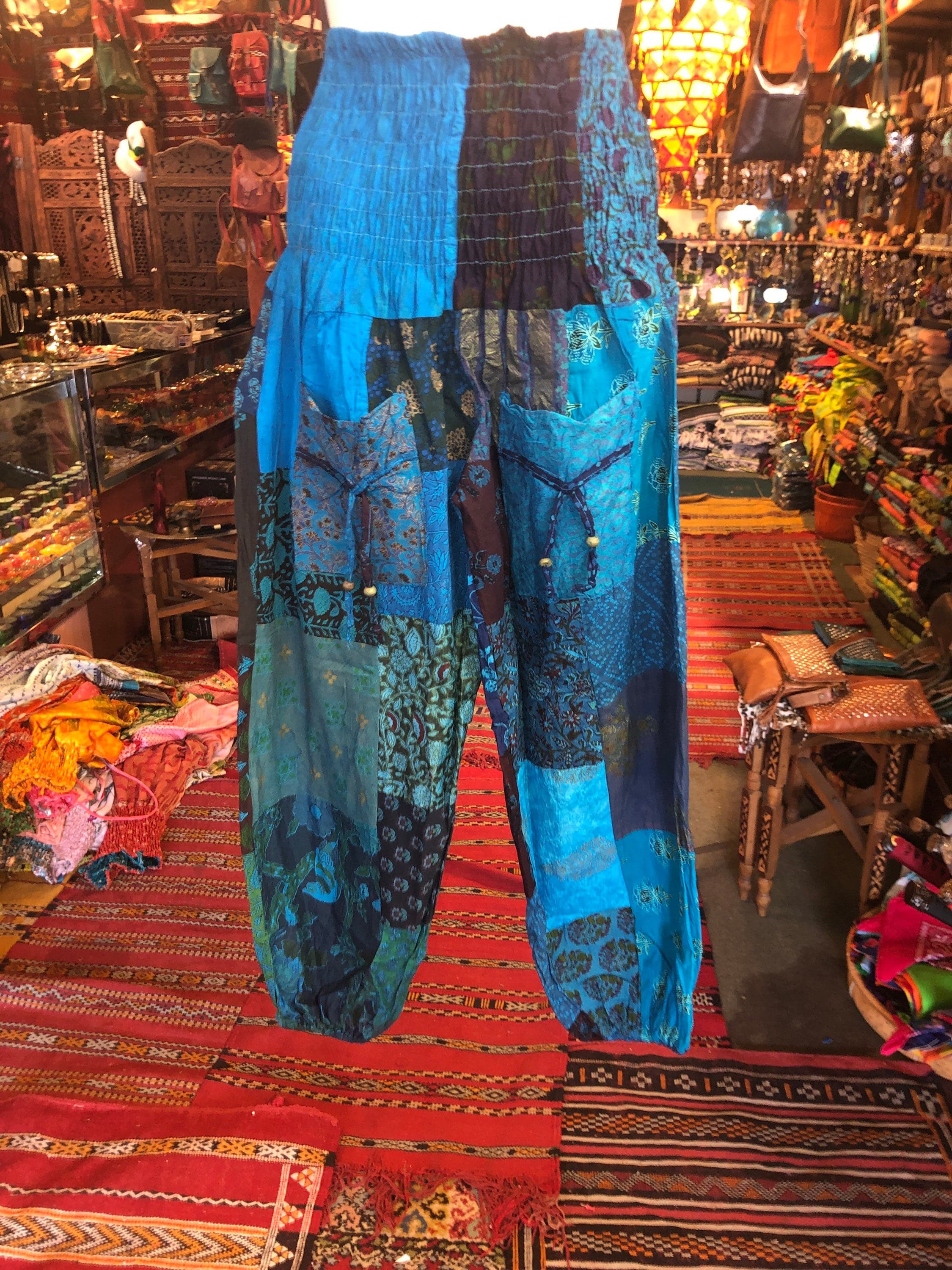 Patchwork Cotton Harem Pants with Pockets: Blue Boho Hippie Festival Pants
