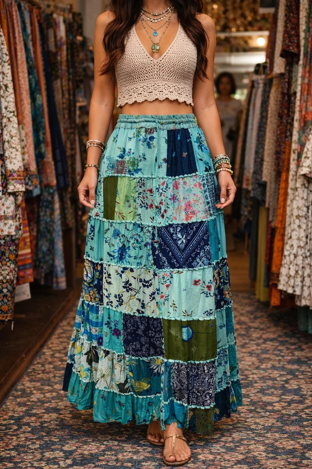 Boho Patchwork Maxi Skirt for Women, Cotton Hippie Skirt, Festival Gypsy Skirt, Elastic Waist Long Skirt, Handmade Patchwork Skirt - image 3