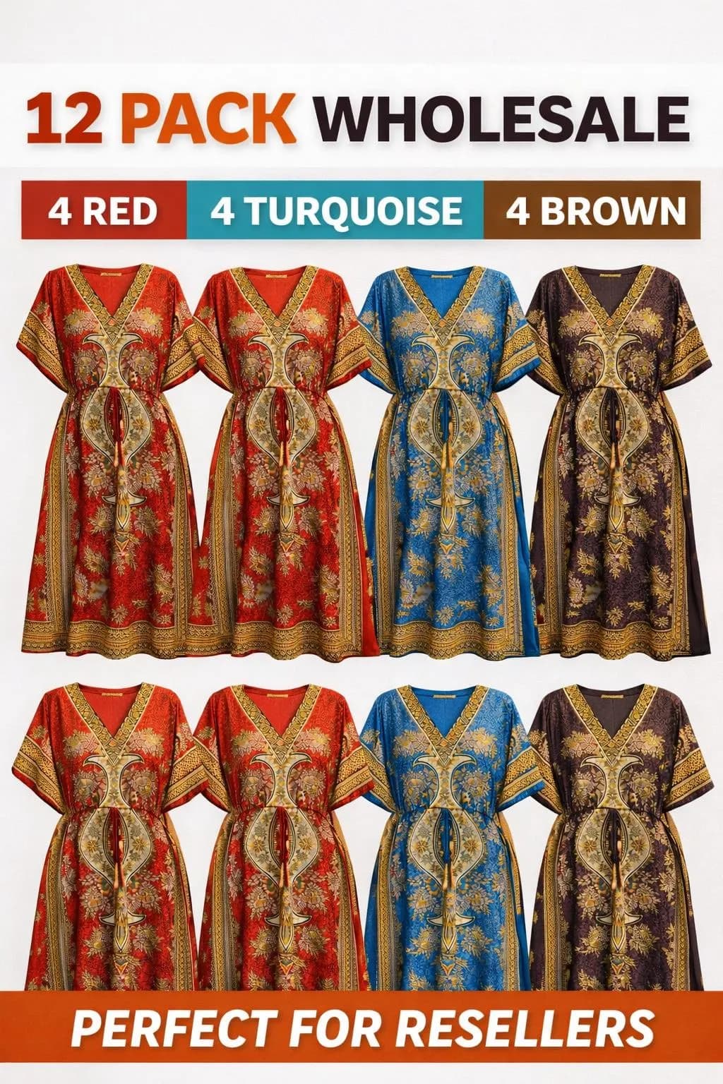 Wholesale 12 Pack Moroccan Kaftan Dresses: Boho Maxi Caftan Bundle (Red, Turquoise, Brown) - image 4