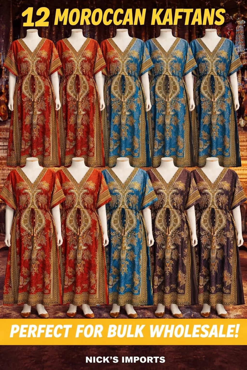 Wholesale 12 Pack Moroccan Kaftan Dresses: Boho Maxi Caftan Bundle (Red, Turquoise, Brown) - image 5