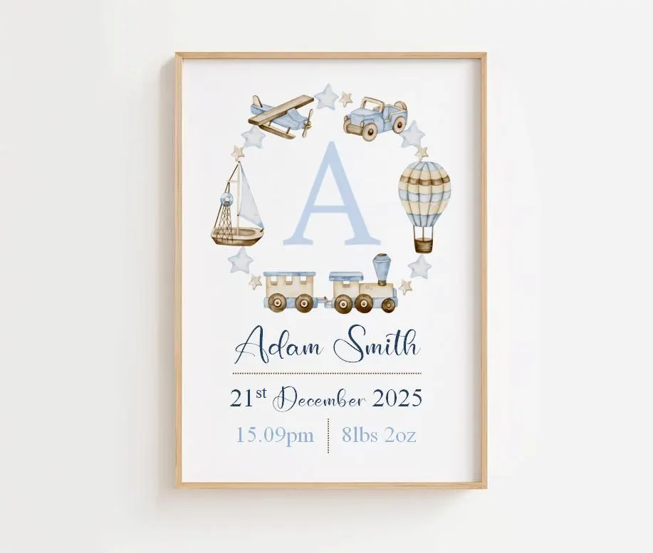 New Baby Personalised Print | Nursery Print | Boys Nursery | New Baby Gift | New Baby Boy | Personalised Print For Boys | Baby Boy Gift