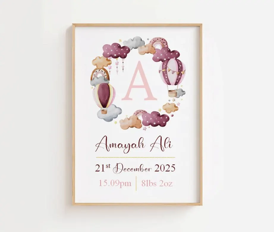 New Baby Personalised Print | Nursery Print | Nursery Poster | New Baby Gift | New Baby Girl | Personalised Print For Girls | Name Print