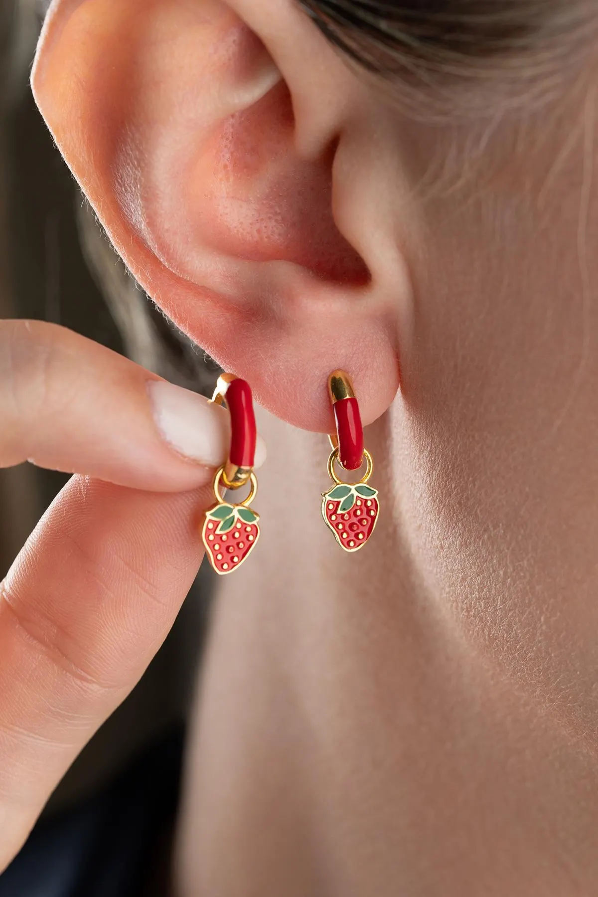 Strawberry Hoop Earrings Dainty Fruit Jewelry Cute Gift Sister Girlfriend Birthday Anniversary Sterling Silver