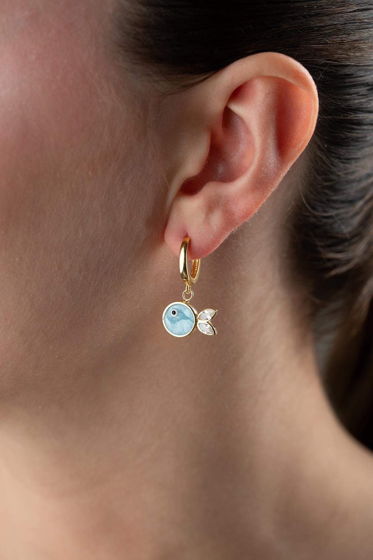 Blue Fish Huggie Earrings, Gold Plated Sterling Silver, Gift for Sister Mother Wife Girlfriend - image 4