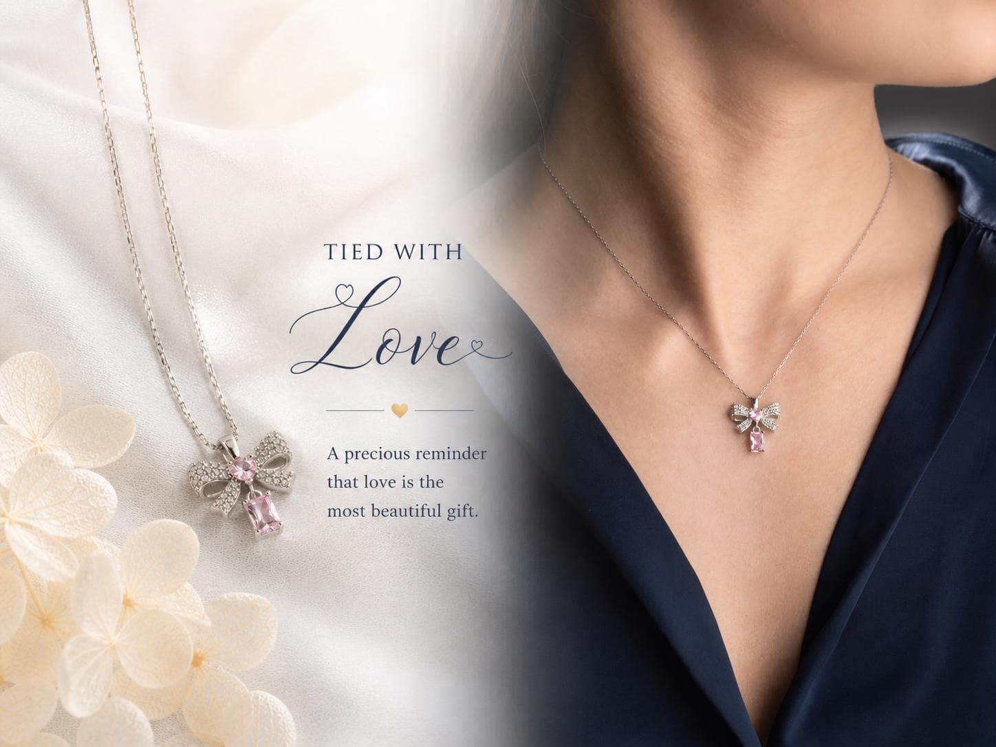 Pink Bow Necklace Heart Crystal Ribbon Pendant Romantic Gift Anniversary Wedding Bridesmaid Jewelry
