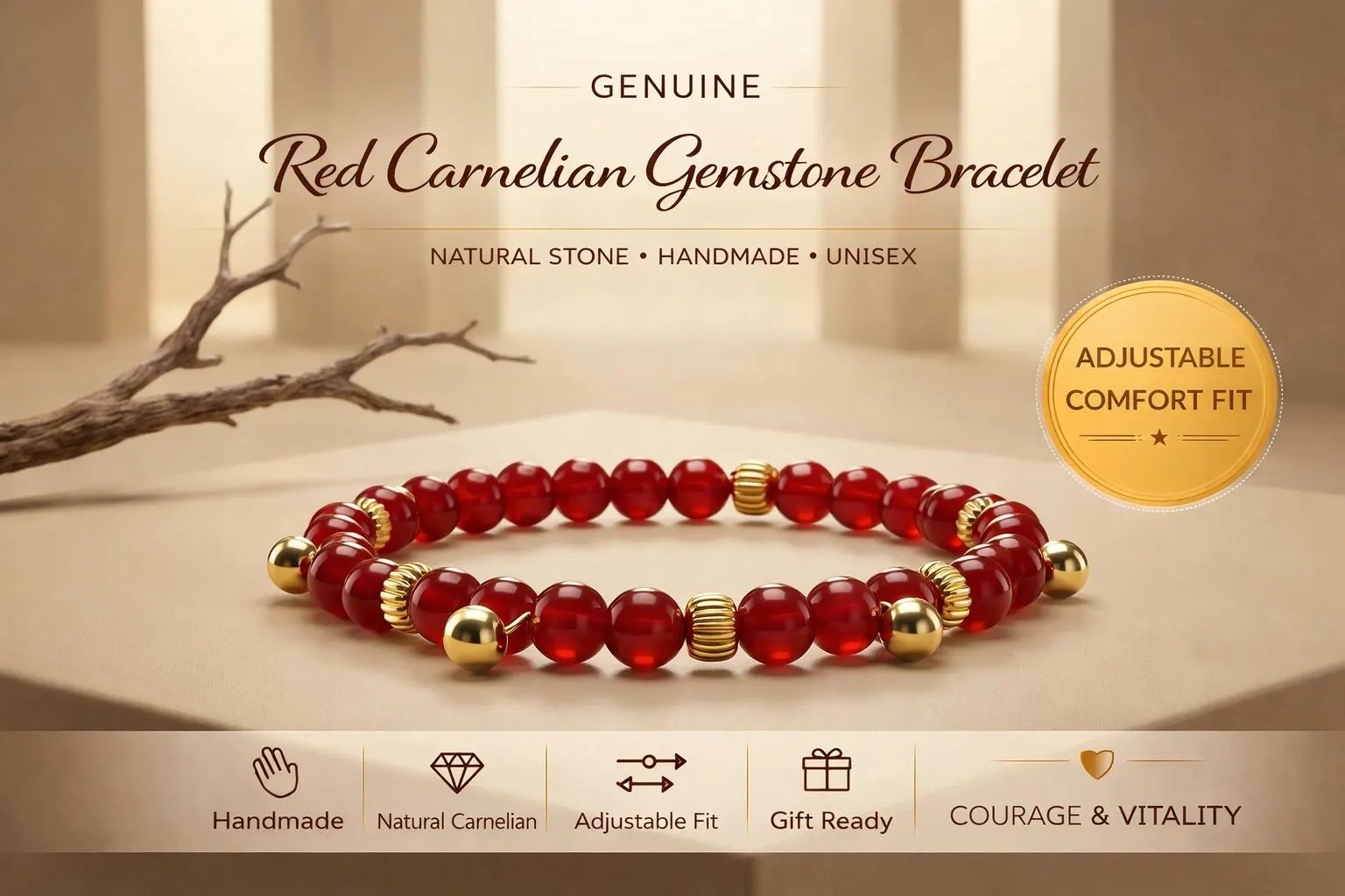 Red Carnelian Stone Bracelet Adjustable Silicone Handmade Unisex Beaded Jewelry Energy Courage Gift
