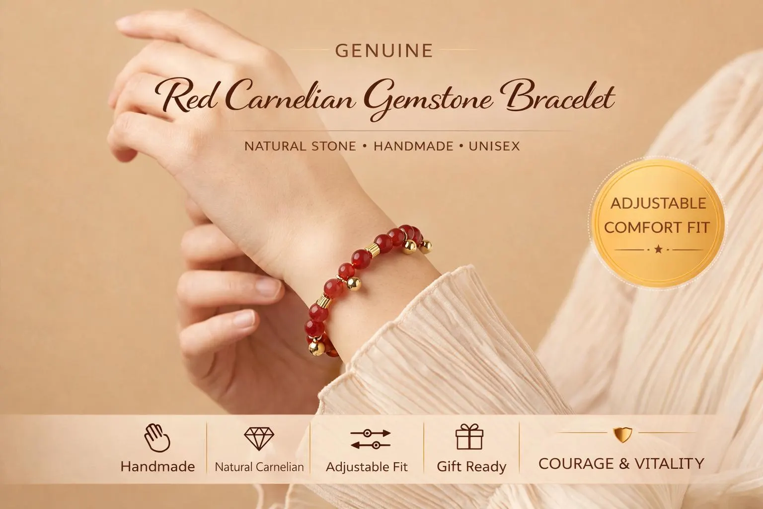 Red Carnelian Stone Bracelet Adjustable Silicone Handmade Unisex Beaded Jewelry Energy Courage Gift - image 3