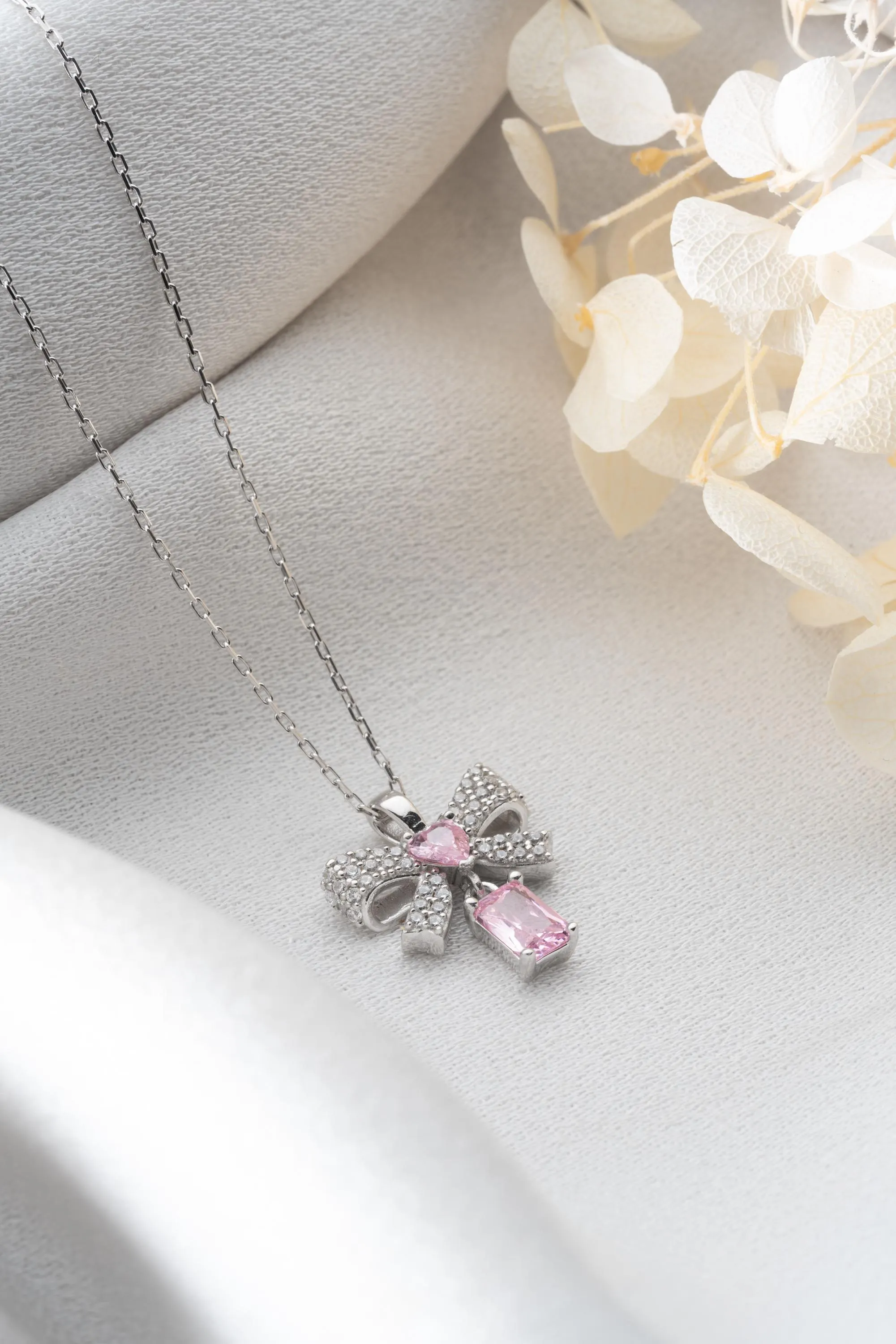 Pink Bow Necklace Heart Crystal Ribbon Pendant Romantic Gift Anniversary Wedding Bridesmaid Jewelry - image 5