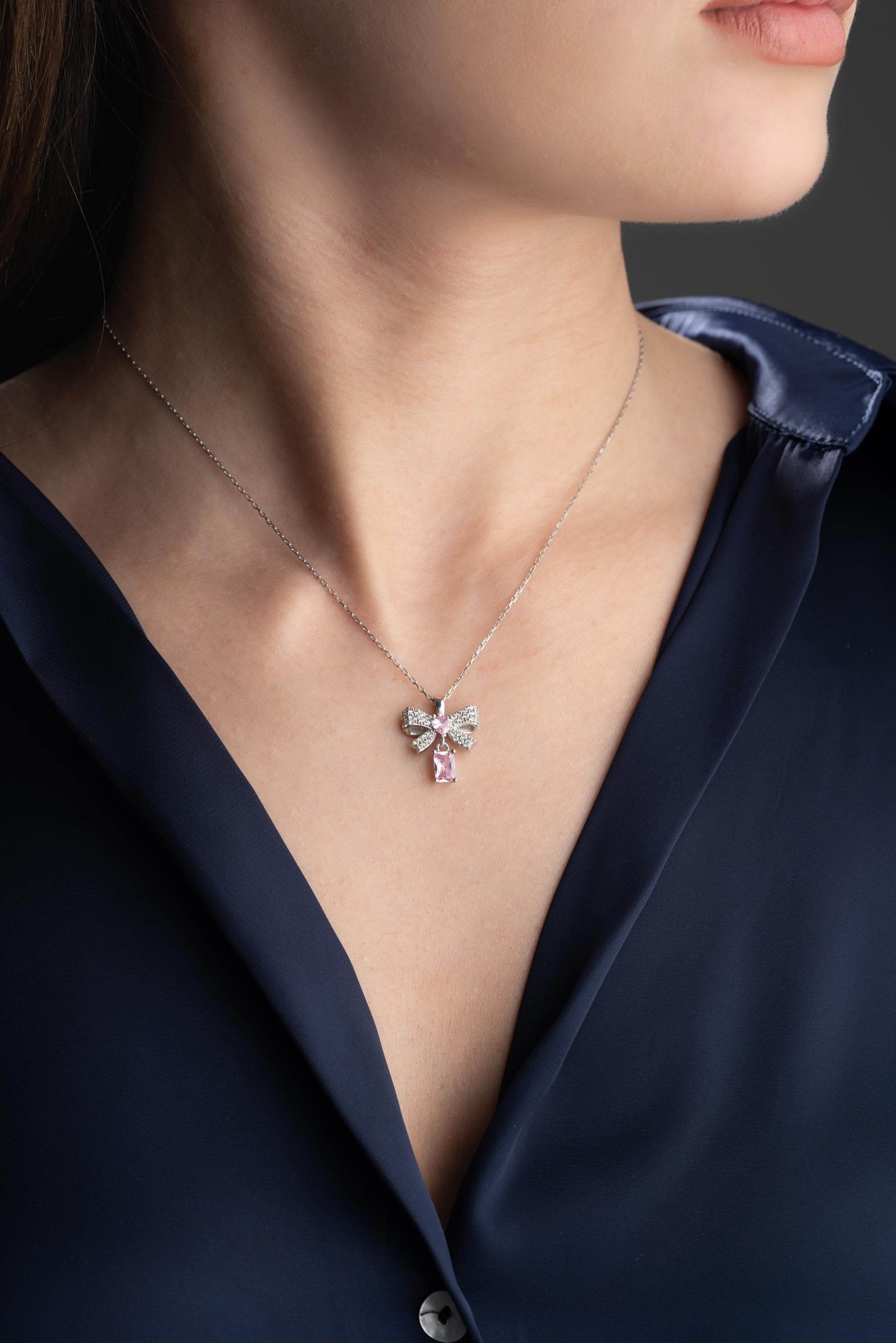 Pink Bow Necklace Heart Crystal Ribbon Pendant Romantic Gift Anniversary Wedding Bridesmaid Jewelry - image 4