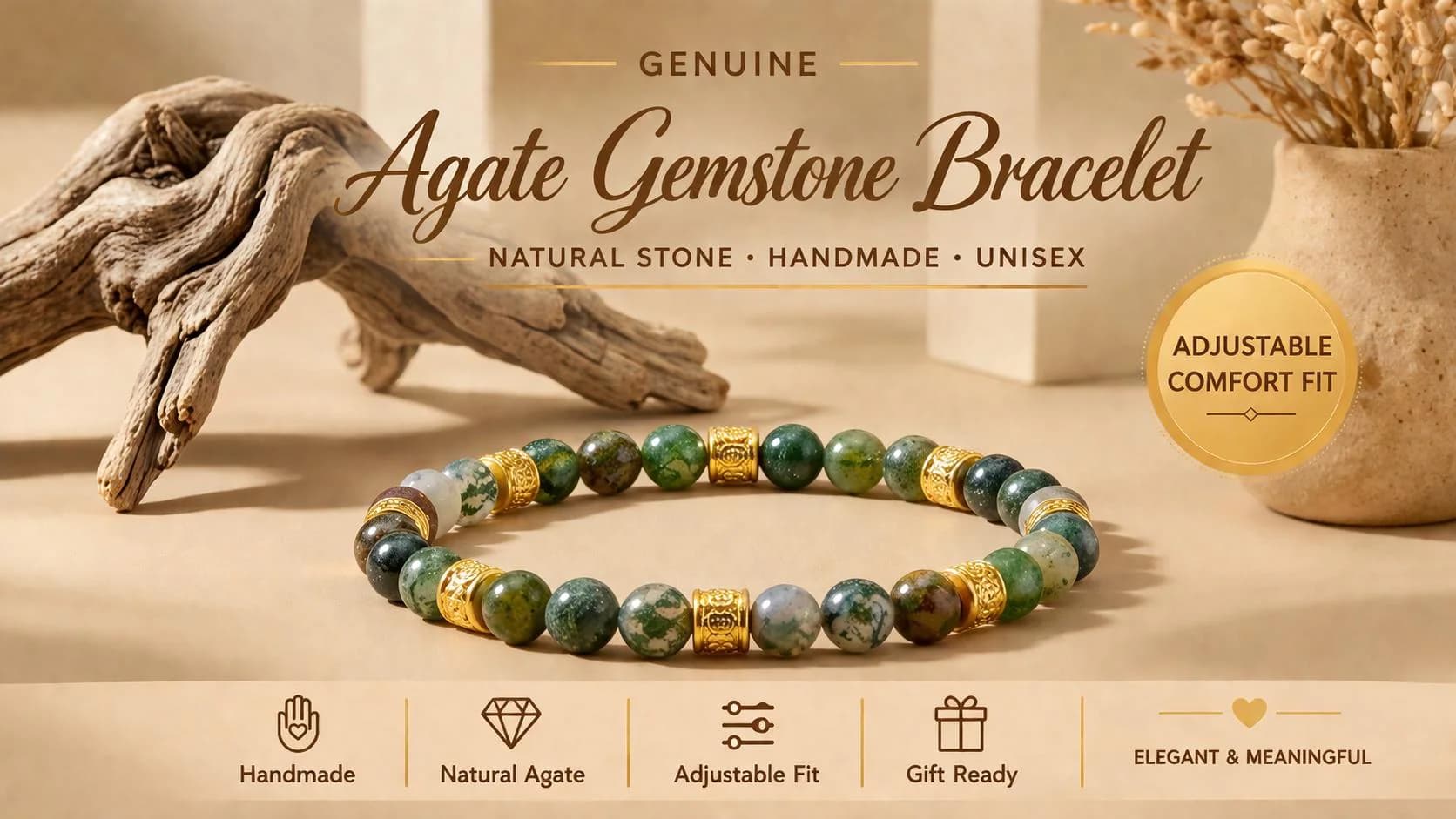 Agate Stone Bracelet Adjustable Silicone Handmade Unisex Beaded Jewelry Healing Energy Protection Gift