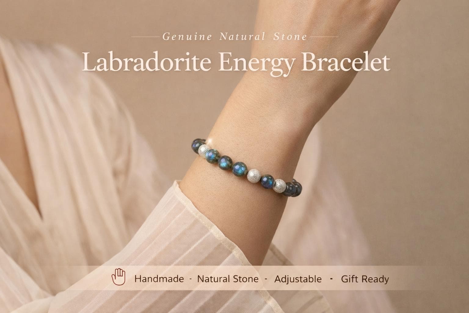 Labradorite Stone Bracelet Adjustable Silicone Handmade Unisex Beaded Jewelry Mystic Energy Gift