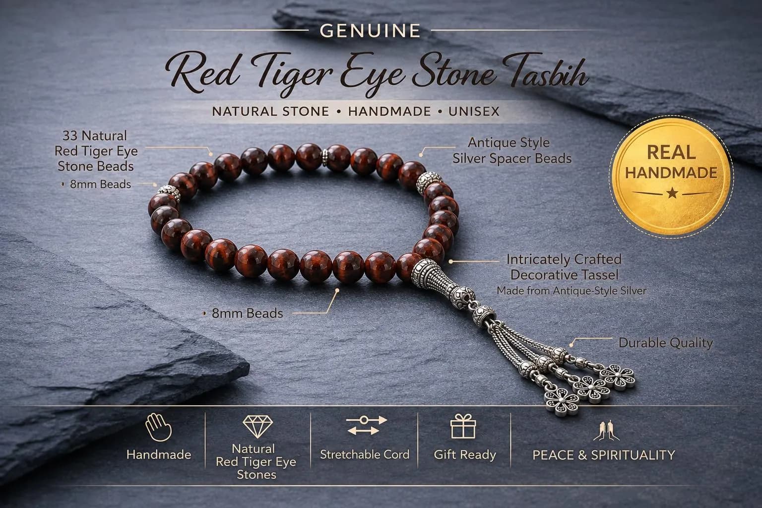Red Tiger Eye Tasbih Prayer Beads Handmade Worry Stone Gift For Men Spiritual Bracelet