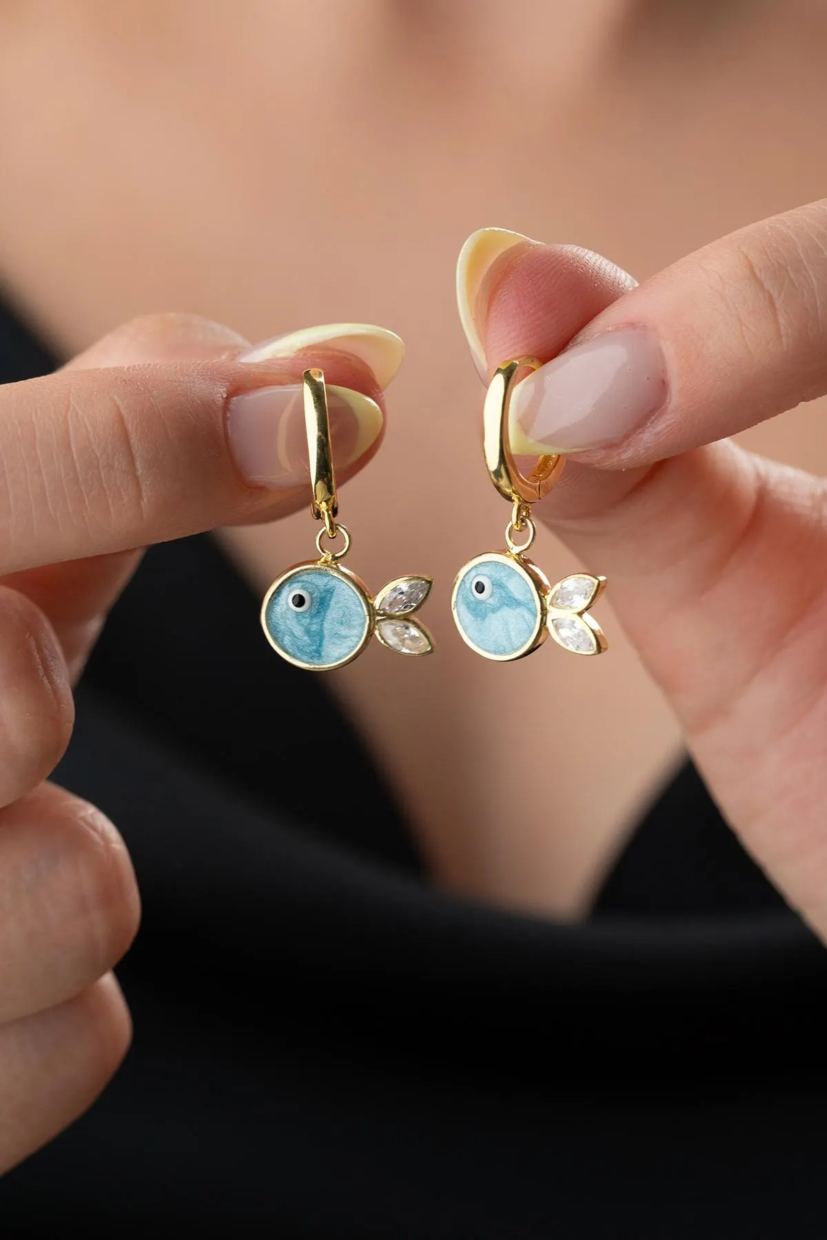 Blue Fish Huggie Earrings, Gold Plated Sterling Silver, Gift for Sister Mother Wife Girlfriend - image 5