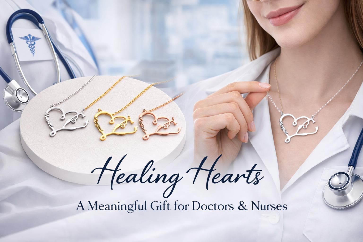Personalized Stethoscope Heart Pendant Doctor Gift Nurse Jewelry Medical Name Necklace Silver Gift