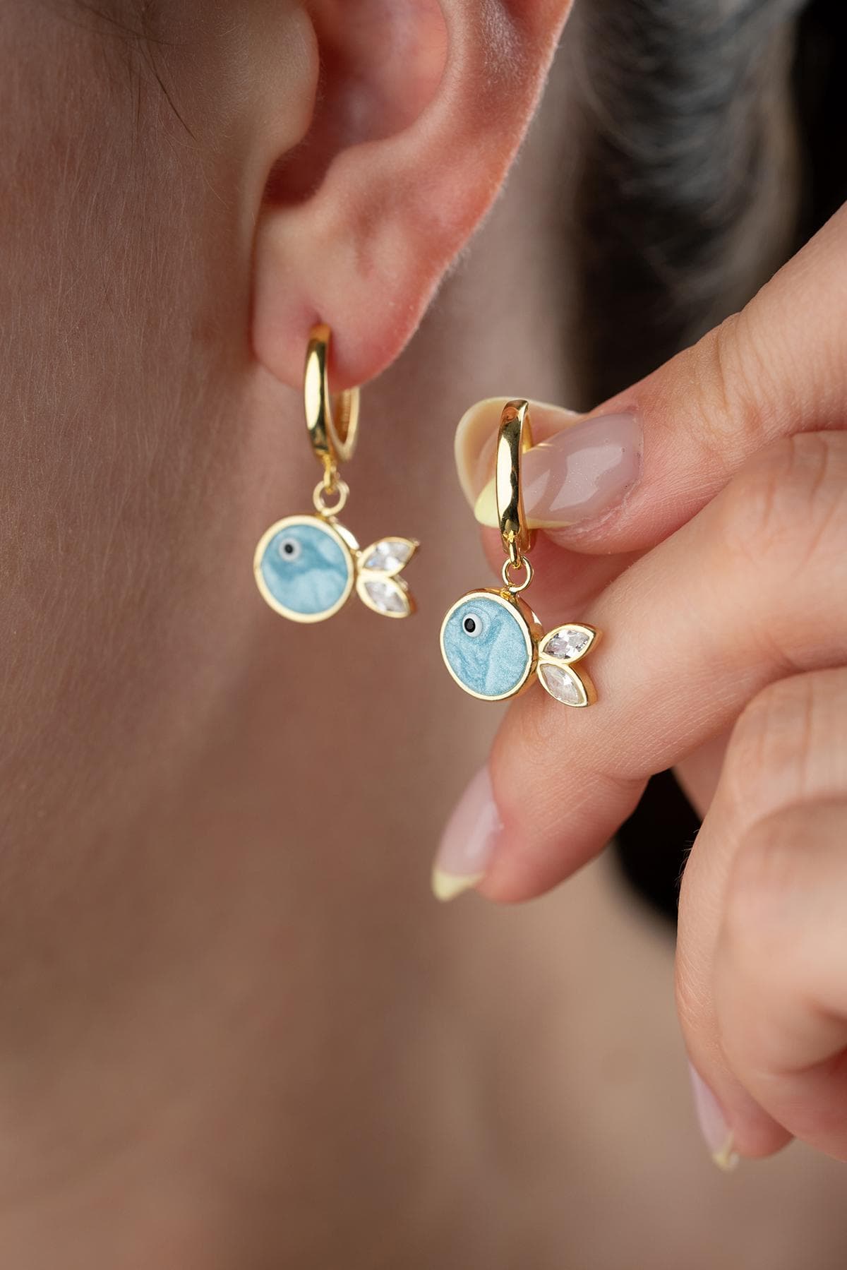 Blue Fish Huggie Earrings, Gold Plated Sterling Silver, Gift for Sister Mother Wife Girlfriend - image 3