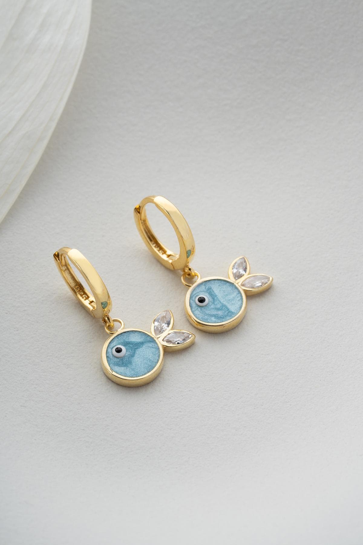 Blue Fish Huggie Earrings, Gold Plated Sterling Silver, Gift for Sister Mother Wife Girlfriend