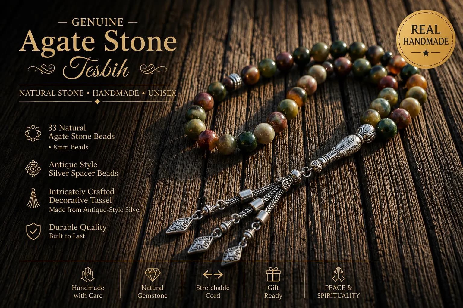 Agate Stone Tasbih Prayer Beads Handmade Stress Relief Gift For Men Spiritual Jewelry - image 3