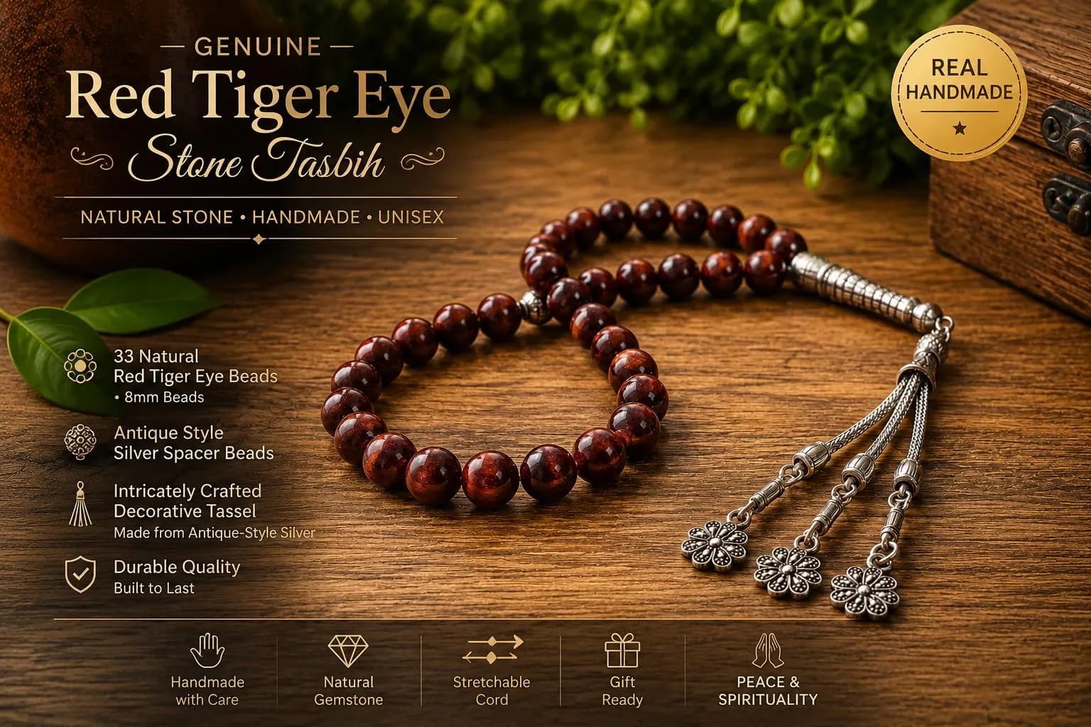 Red Tiger Eye Tasbih Prayer Beads Handmade Worry Stone Gift For Men Spiritual Bracelet