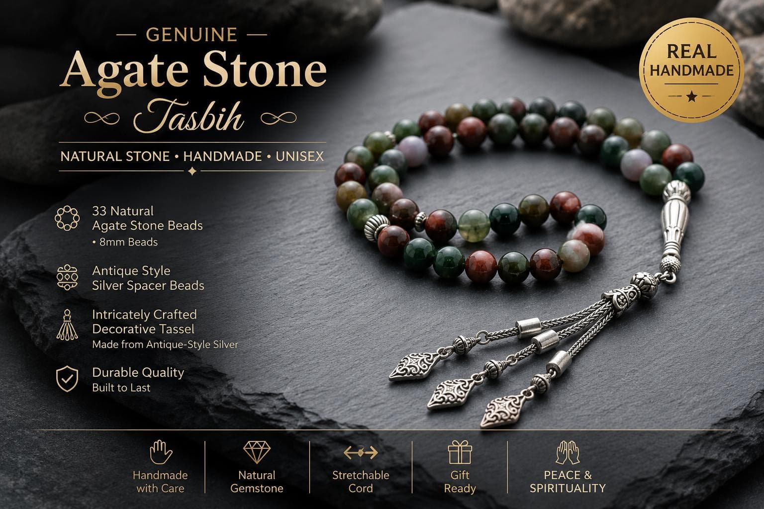Agate Stone Tasbih Prayer Beads Handmade Stress Relief Gift For Men Spiritual Jewelry