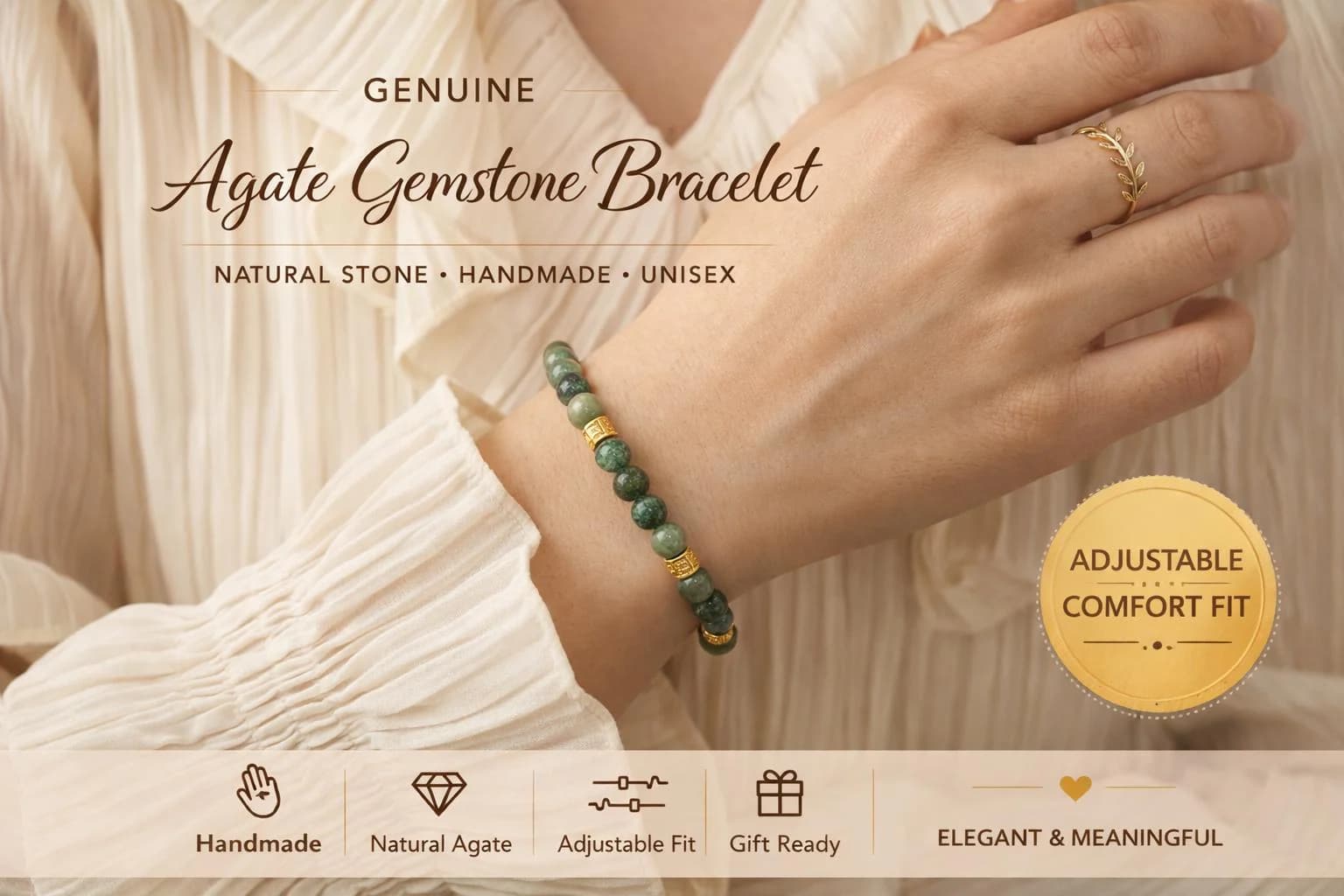 Agate Stone Bracelet Adjustable Silicone Handmade Unisex Beaded Jewelry Healing Energy Protection Gift - image 4