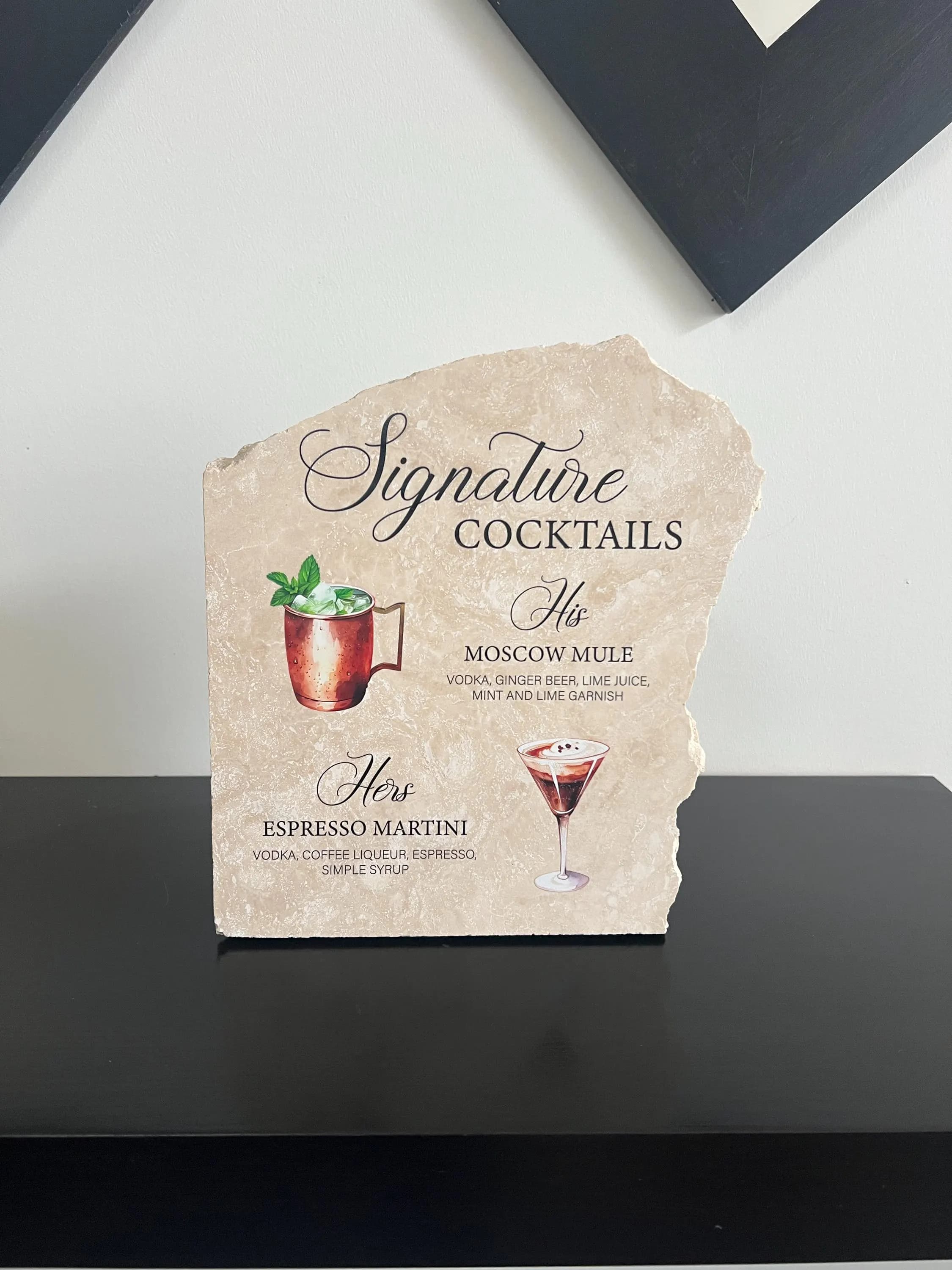 Travertine Bar Menu Sign, Natural Stone Wedding Signage, His & Hers Drinks, Signature Cocktail Menu
