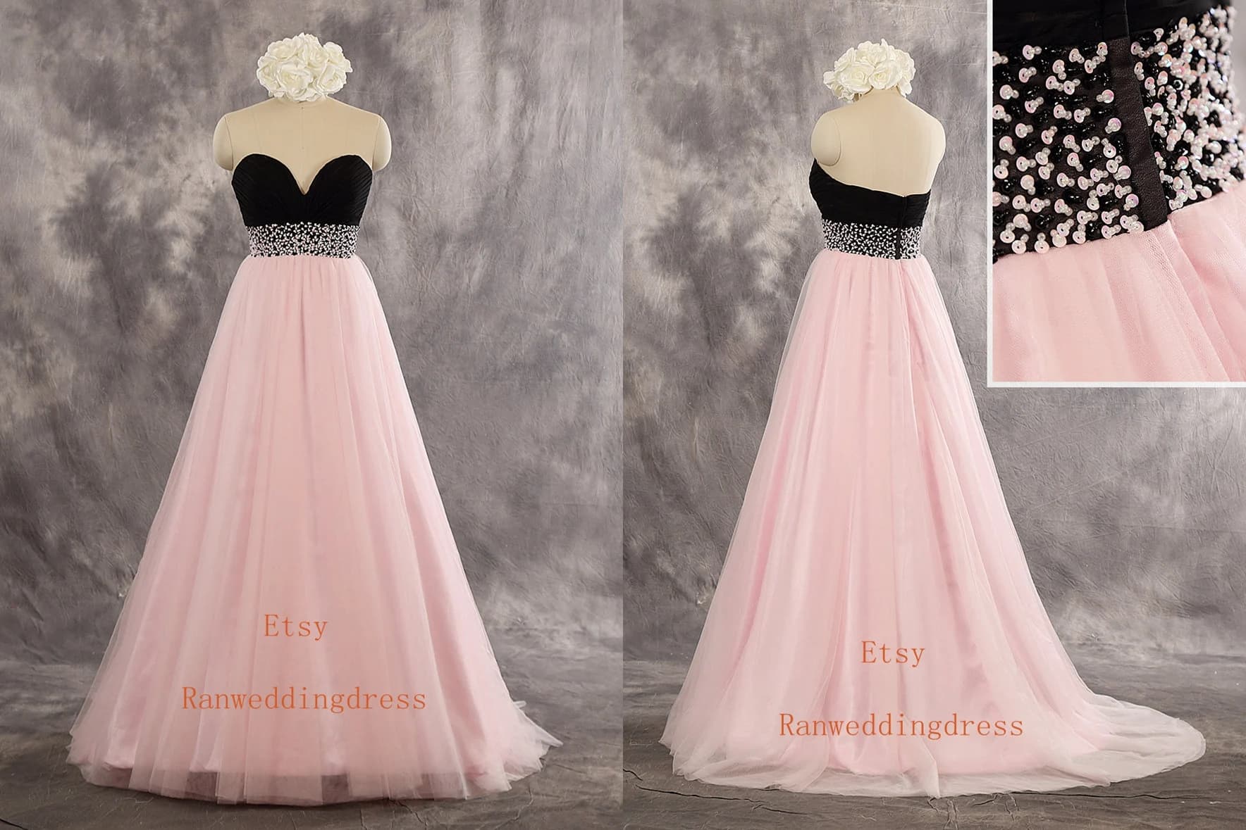Black and Pink Wedding Dress: Beaded Tulle Bridal Gown