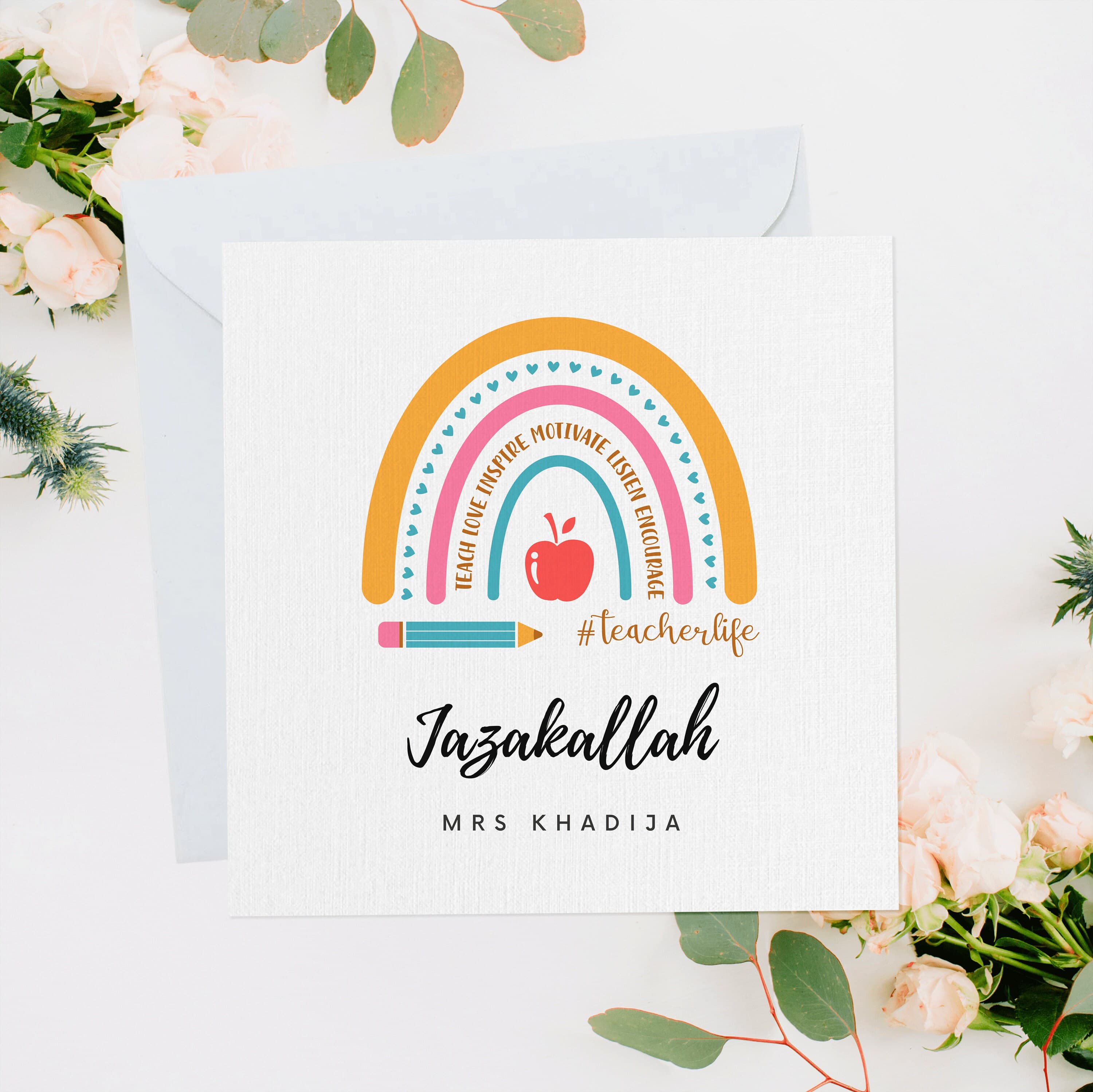 Personalised Teacher Thank You Card, Apa Greeting Card, Ustaad Gift, Ustadha Gift, Muslim Teacher, Islamic Teacher Card, Fun Rainbow Design