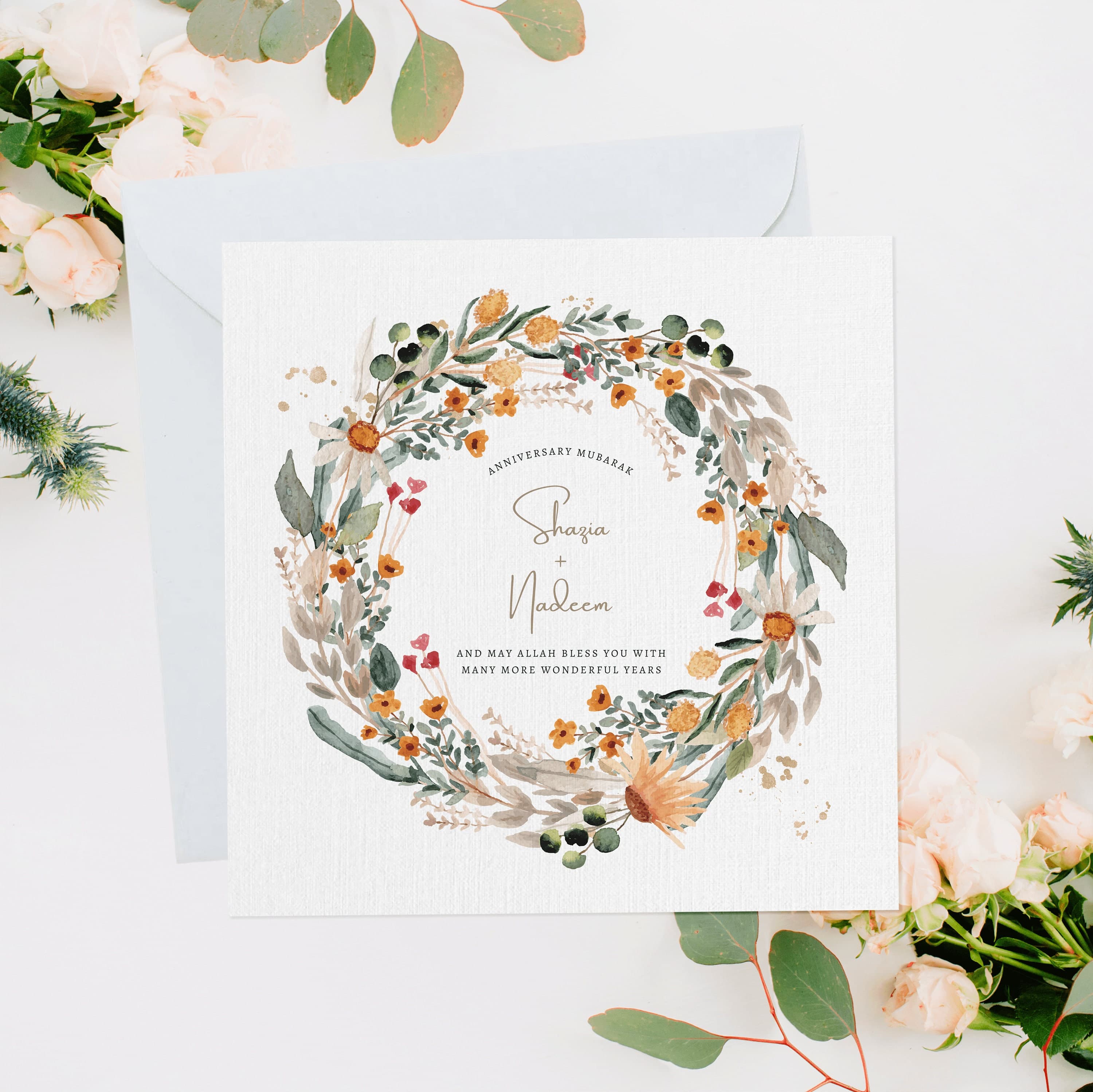 Personalised Anniversary Mubarak Card, Muslim Anniversary, Nikkah Card, Nikkah Anniversary, Muslim Couple, Anniversary Floral Wreath Card