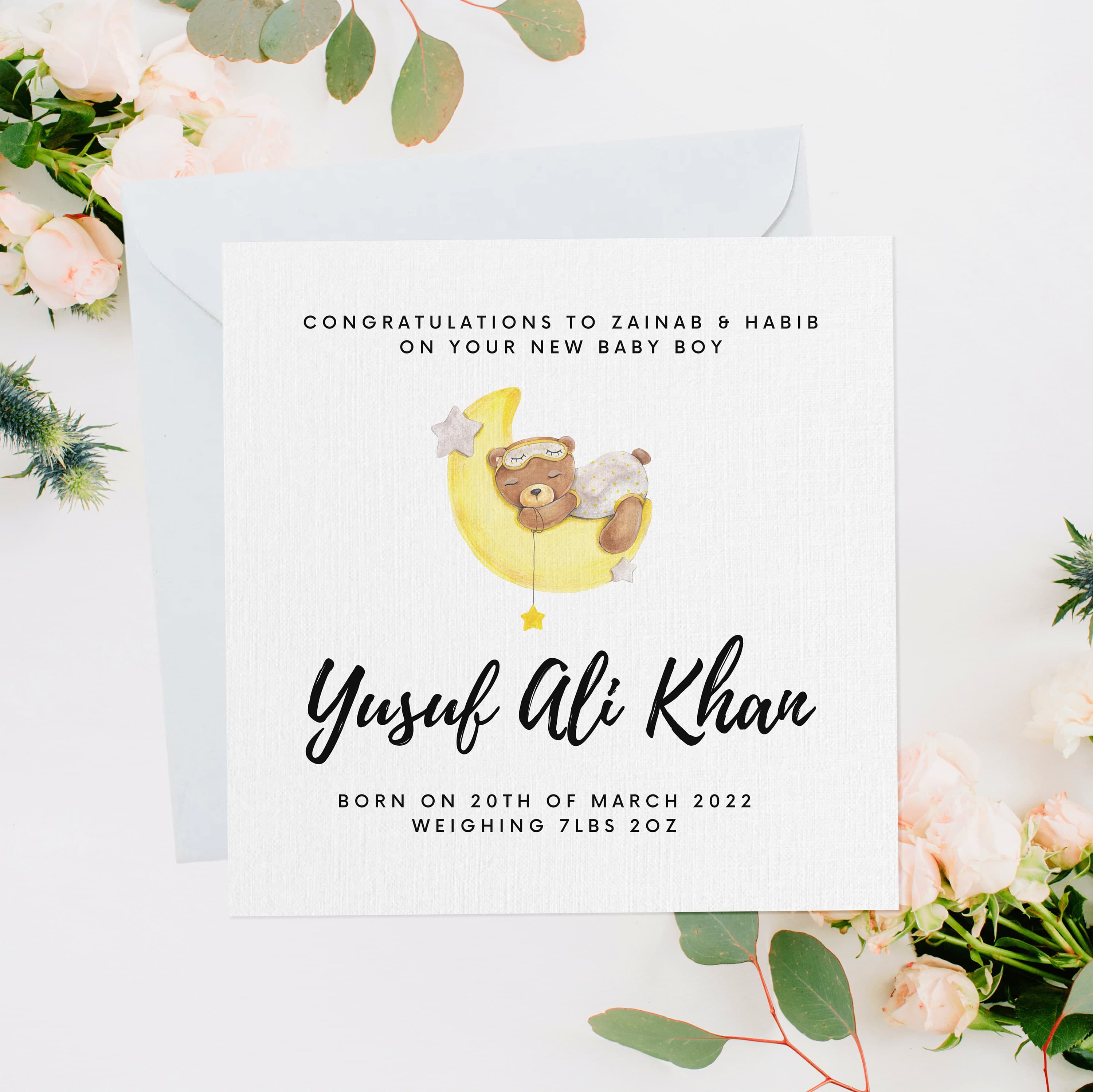 Personalised New Baby Card, New Baby Gift, Newborn Baby, Newborn Card, Newborn Gift, Muslim Baby, Custom Name, Sleepy Teddy, NB008