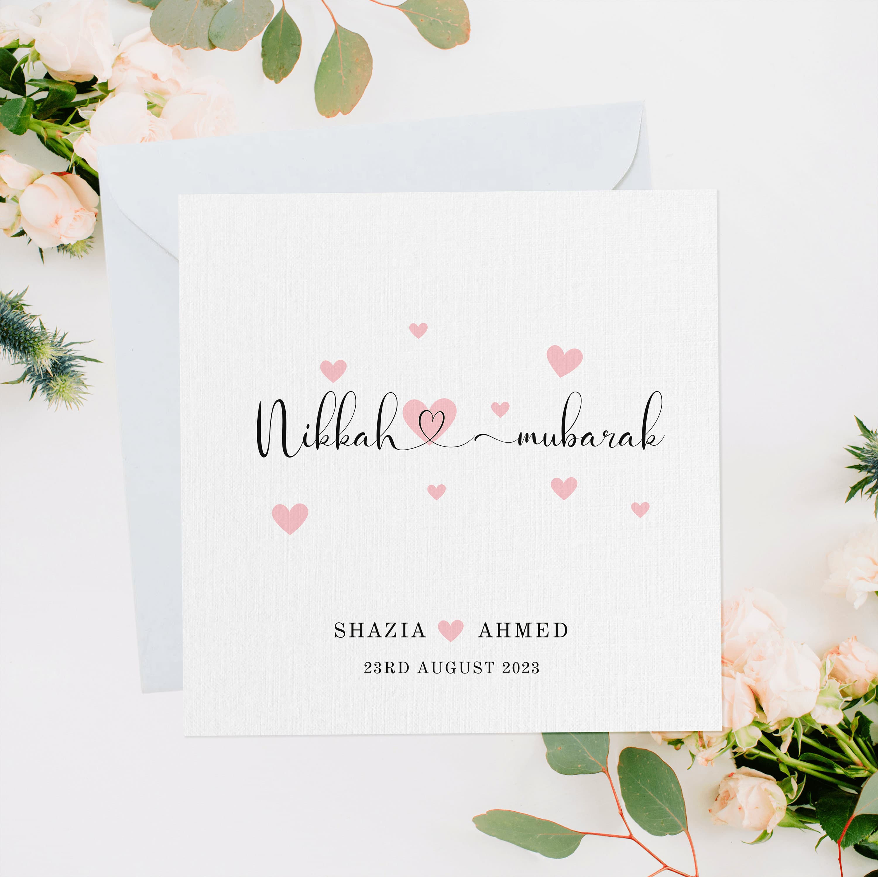 Personalised Nikkah Card, Nikkah Mubarak Gift, Muslim Wedding Gift, Islamic Wedding Card, Nikah Gift, Islamic Couple Gift, Cute Pink Hearts