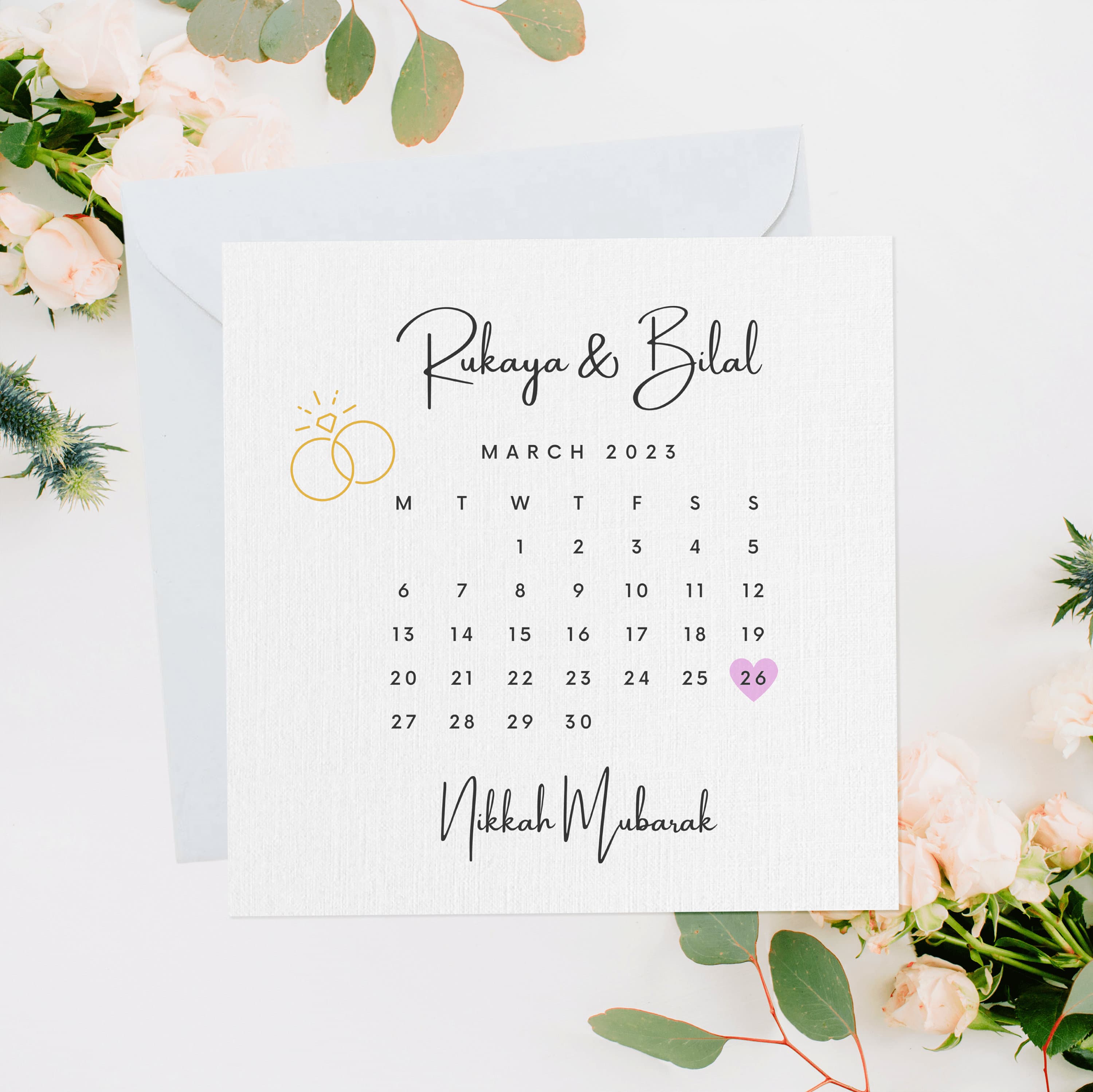 Personalised Nikkah Card, Wedding Card, Nikkah Gift, Nikkah Mubarak, Shaadi Card, Islamic Muslim Wedding, Engagement, Lilac Calendar Card