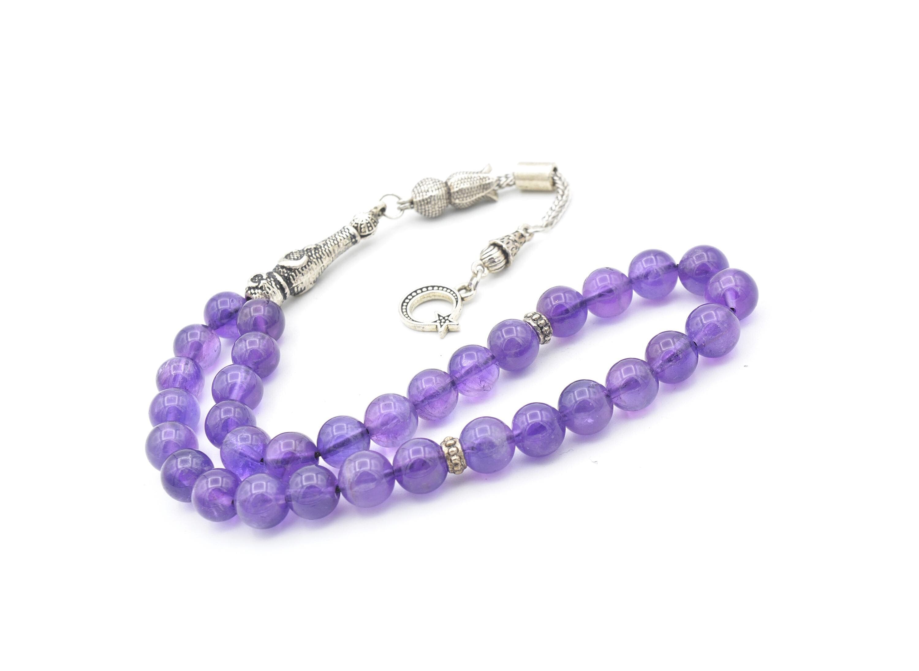 Amethyst Prayer Beads: 33-Bead Tasbih with Silver Tassel