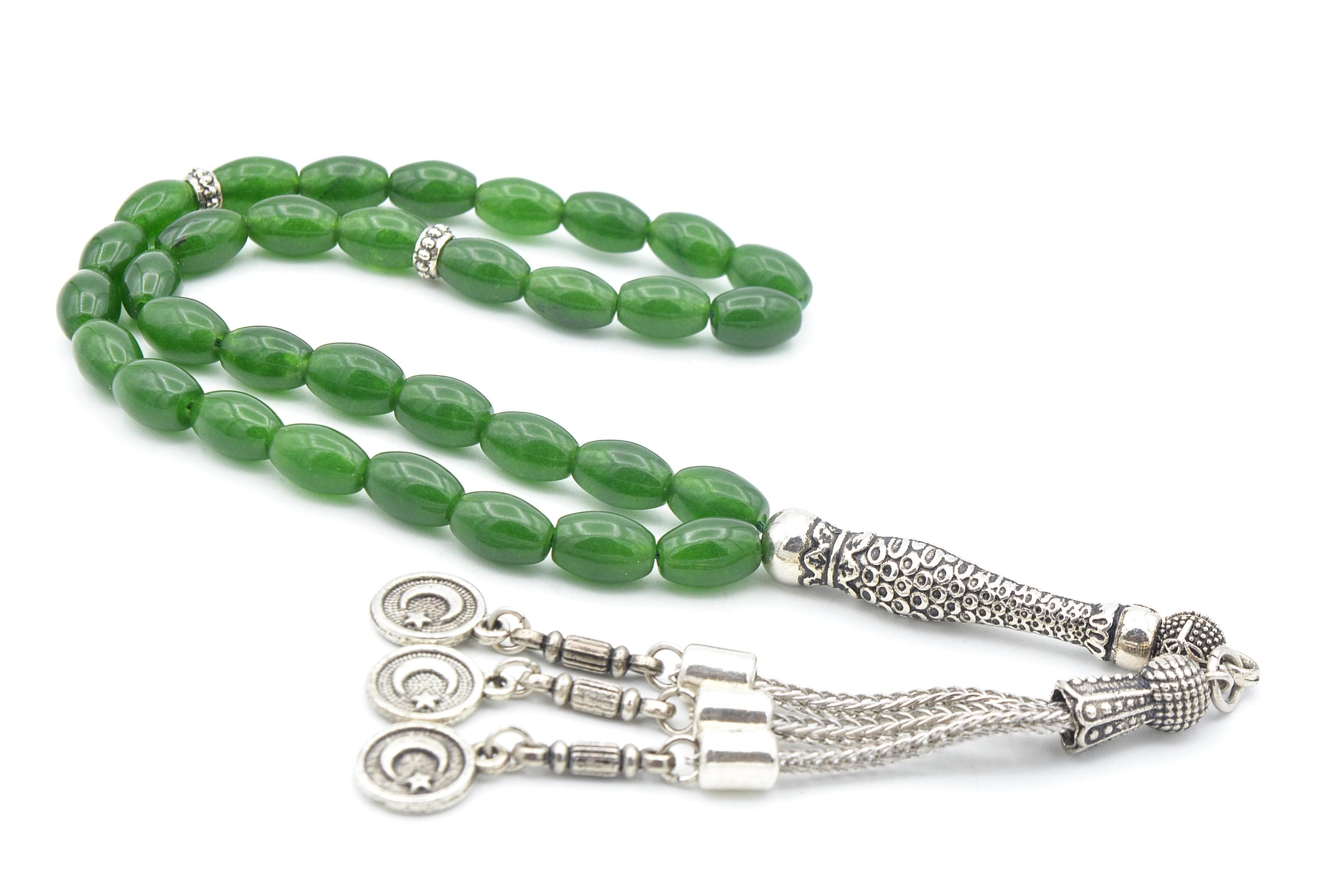 Jade Prayer Beads: 33-Bead Islamic Tasbih with Silver Tassel - image 3