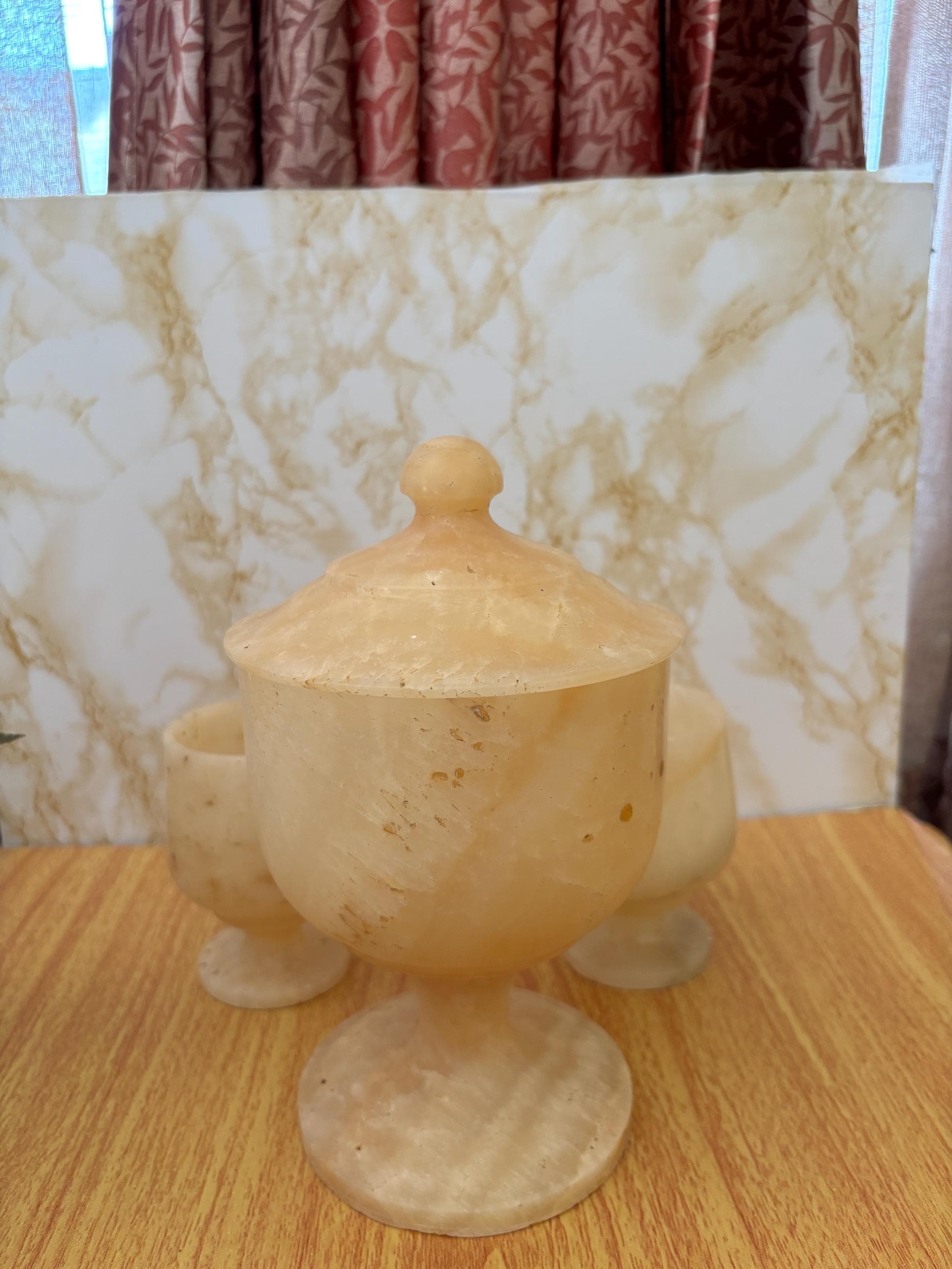 Hand-Carved Natural Onyx Marble Goblets with Lidded Vessel, Vintage Home Accent - image 3