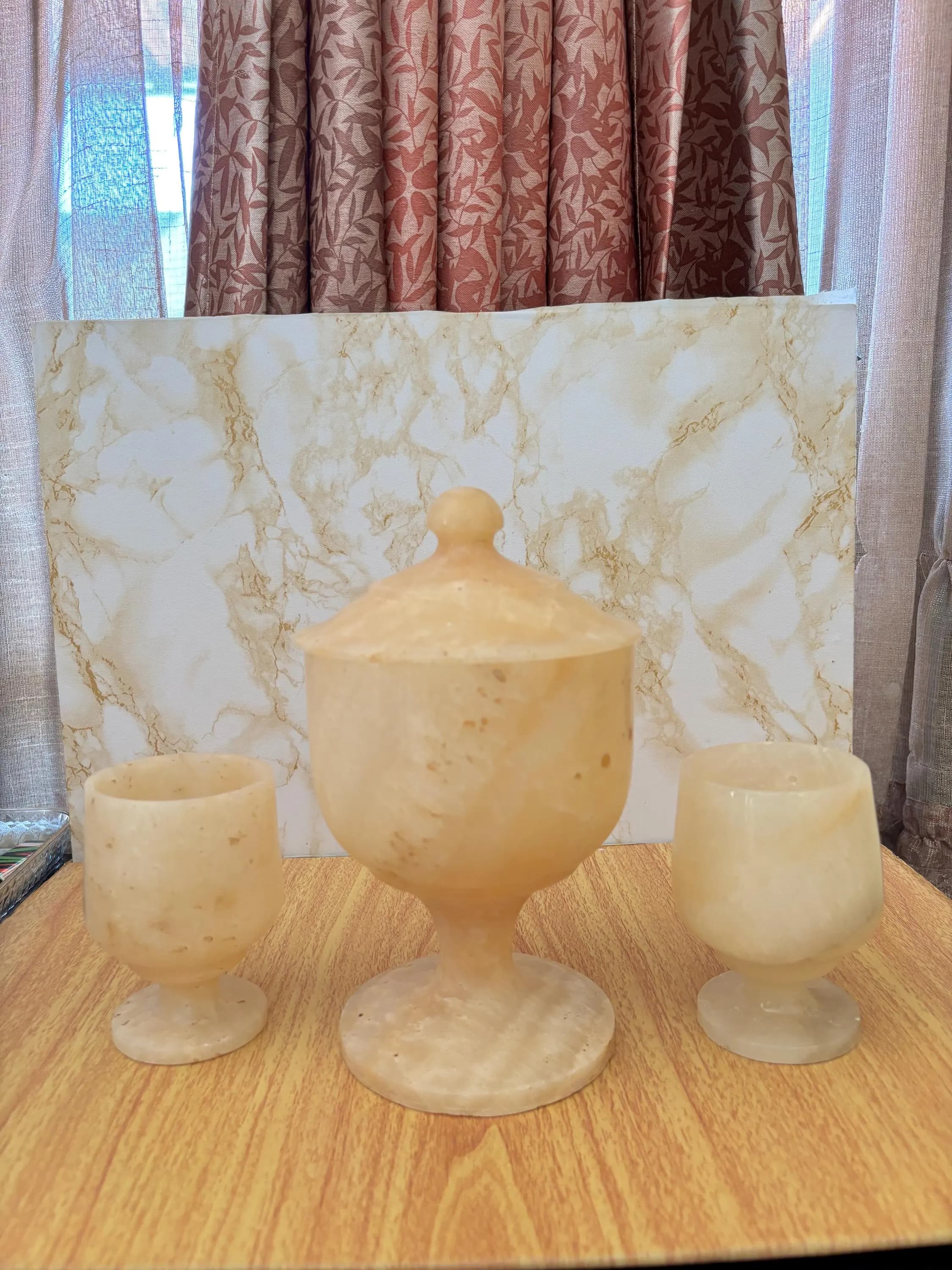 Hand-Carved Natural Onyx Marble Goblets with Lidded Vessel, Vintage Home Accent