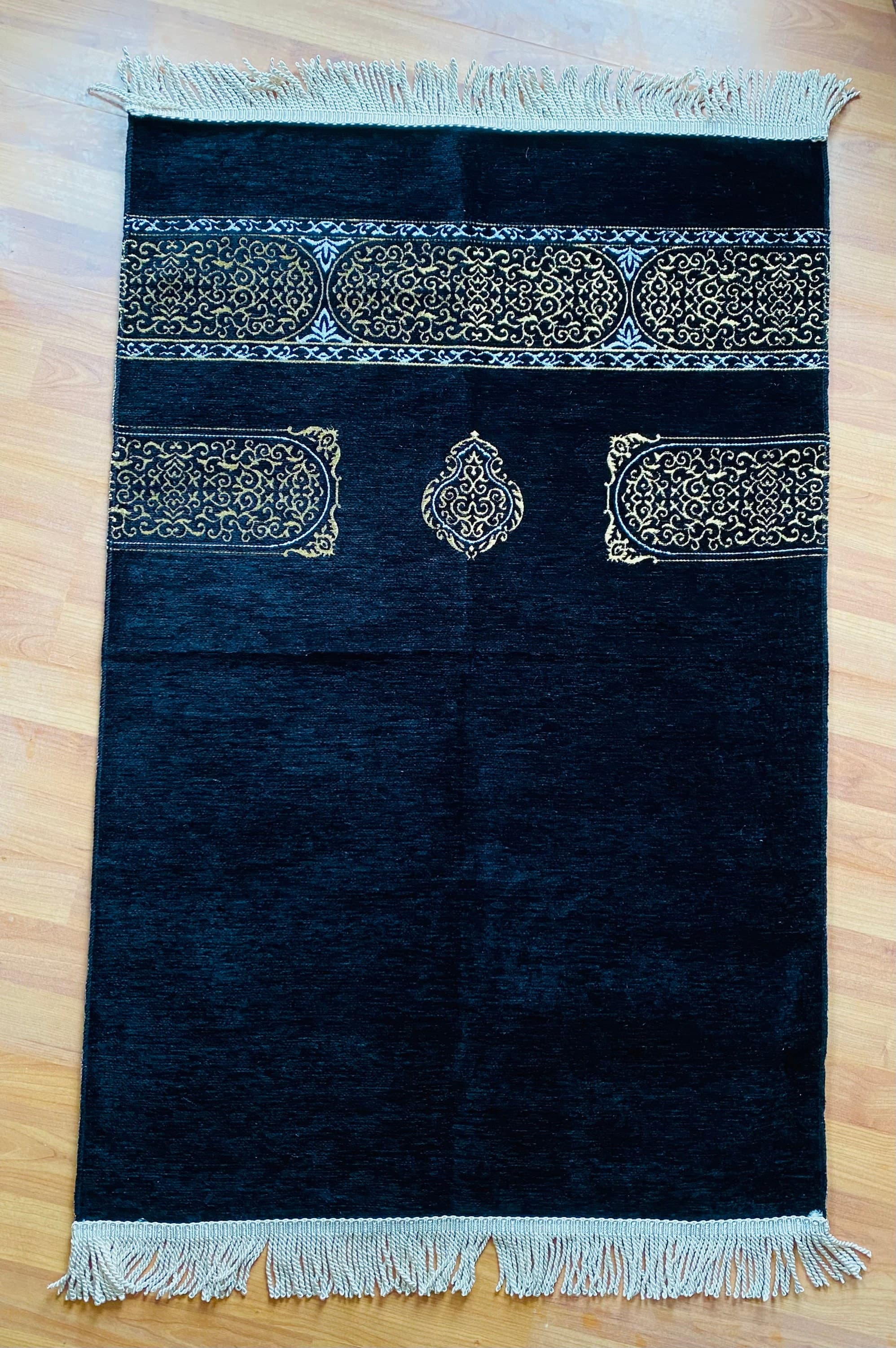 Kaaba Design Prayer Rug, Gold and Black Sejadah, Muslim Gift