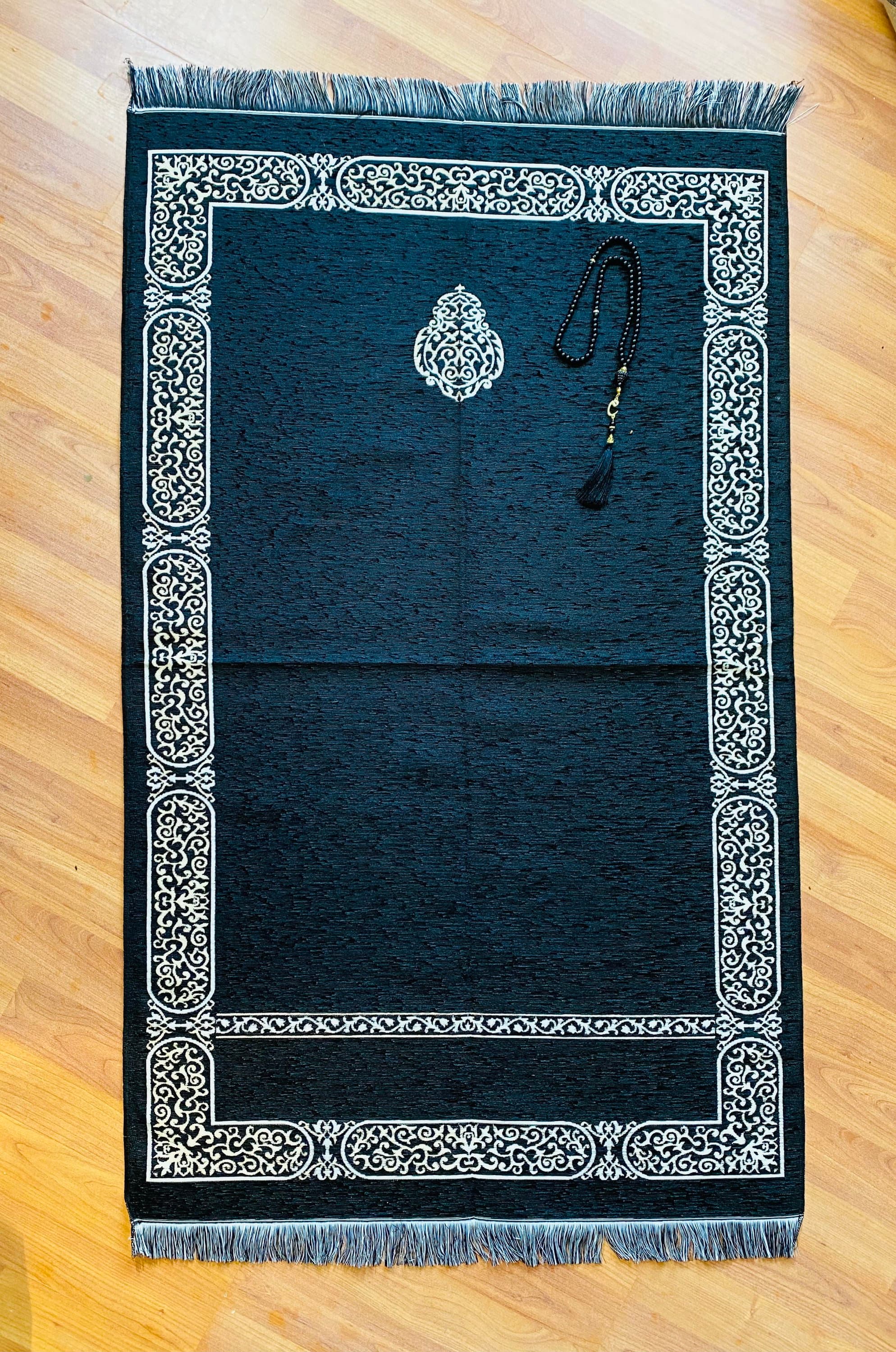 Kaaba Design Prayer Rug: Black Chenille Sejadah with Tasbeeh