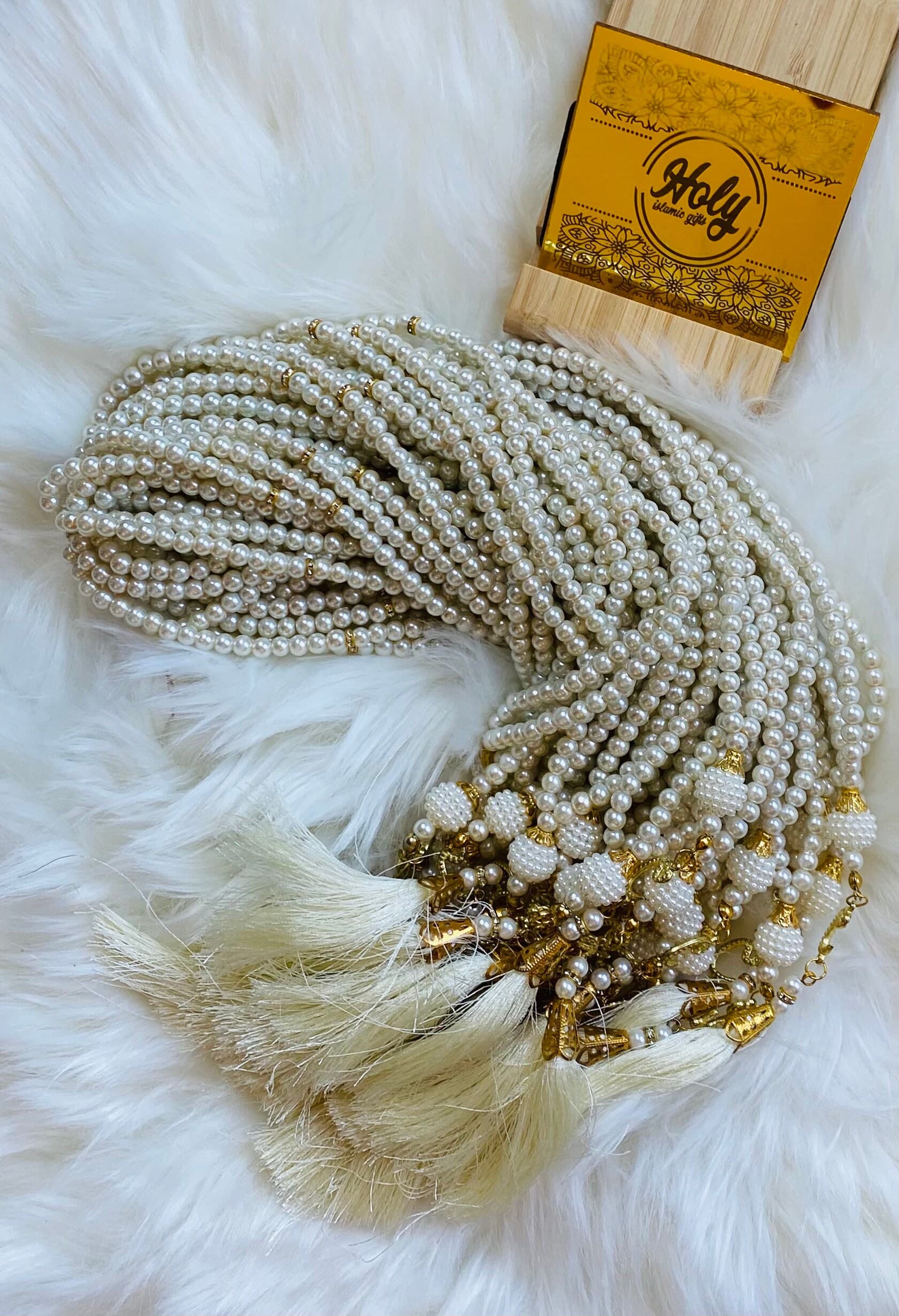Cream Pearl Tasbeeh 99 Beads: Islamic Prayer tasbeeh with Gold Stone - image 3