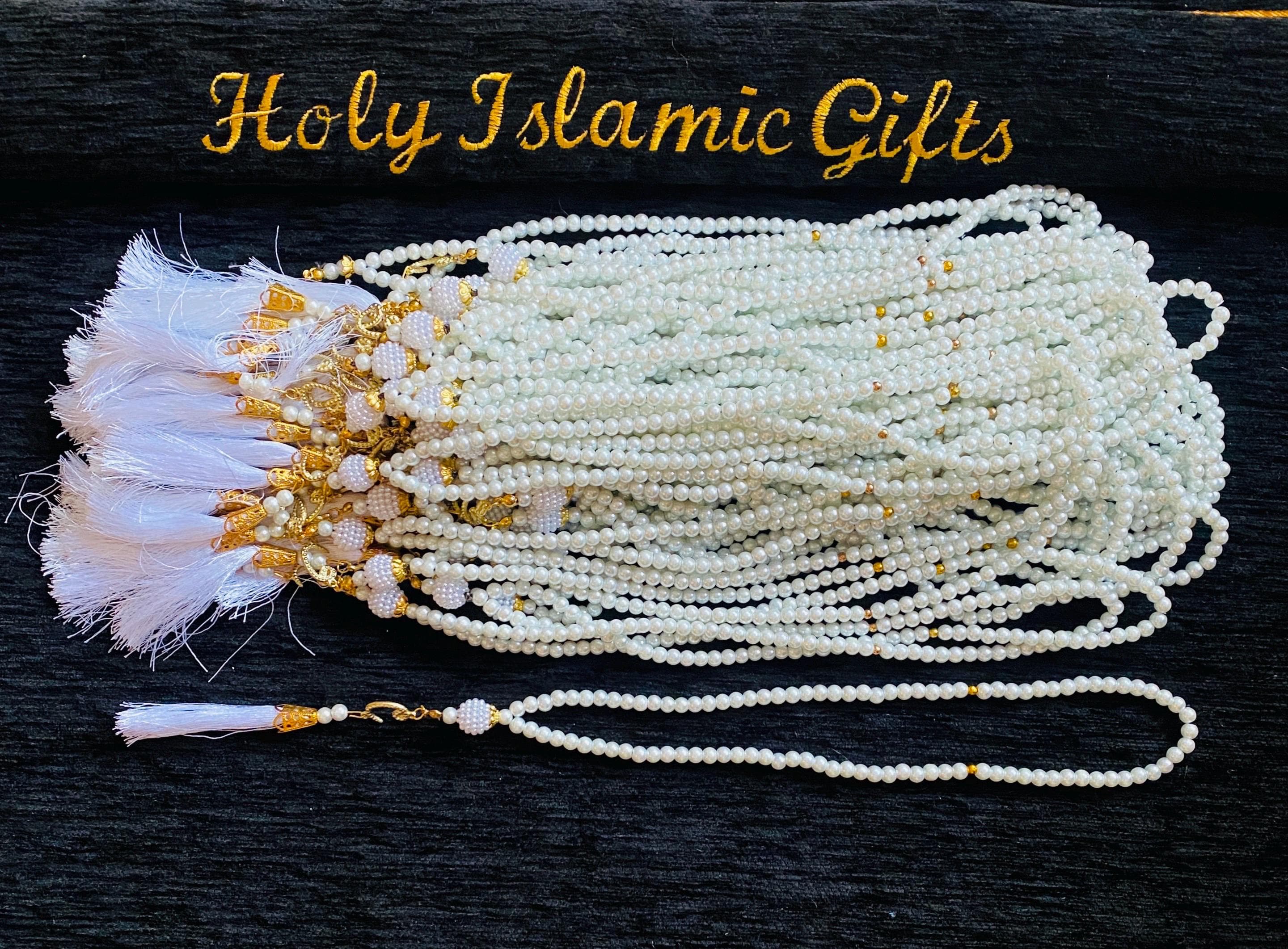 White Pearl Tasbeeh 99 Prayer Beads with Gold Swarovski Accents