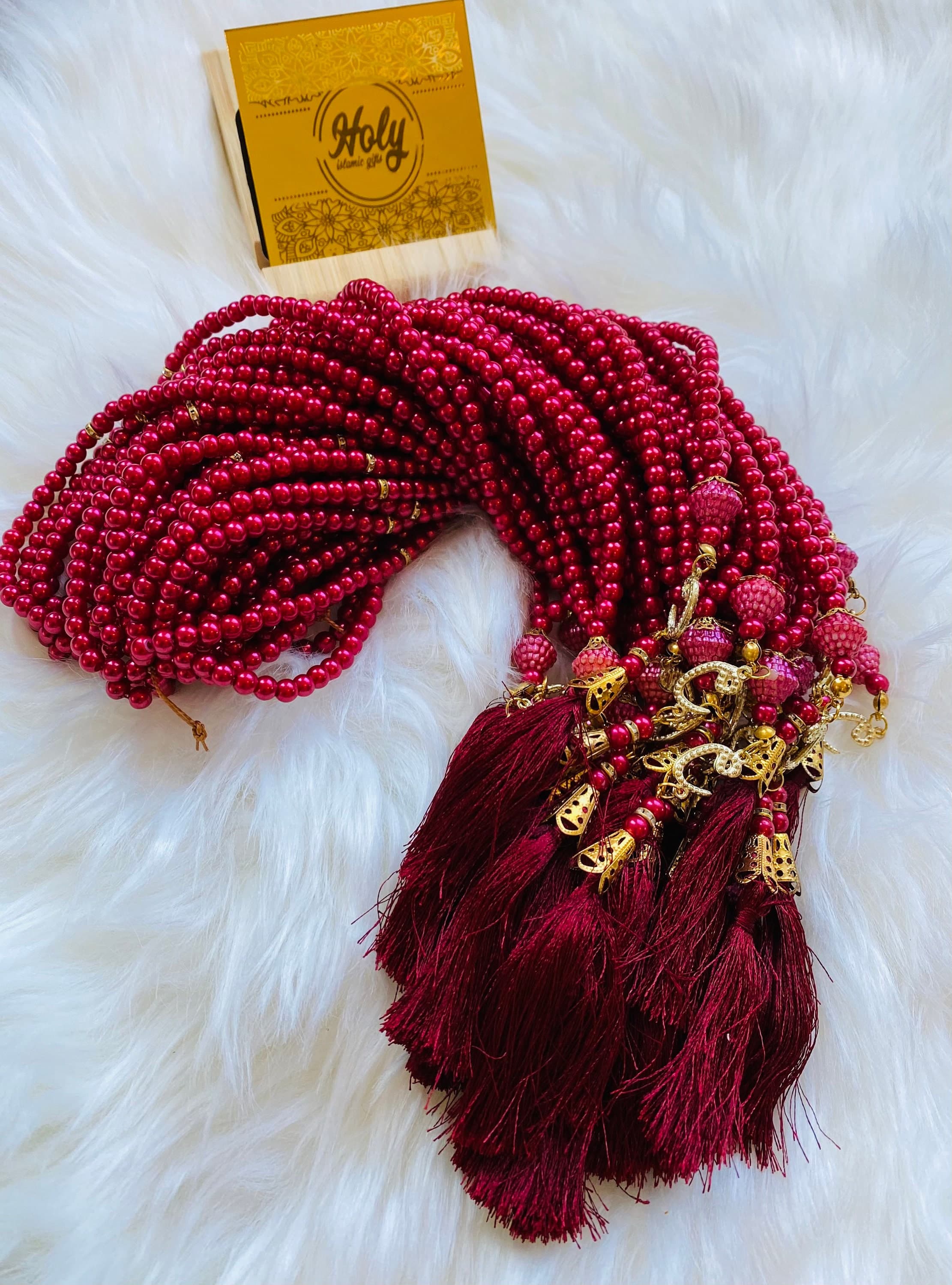 Red Pearl Tasbeeh 99 Beads with Swarovski Stone & Tassel - image 4