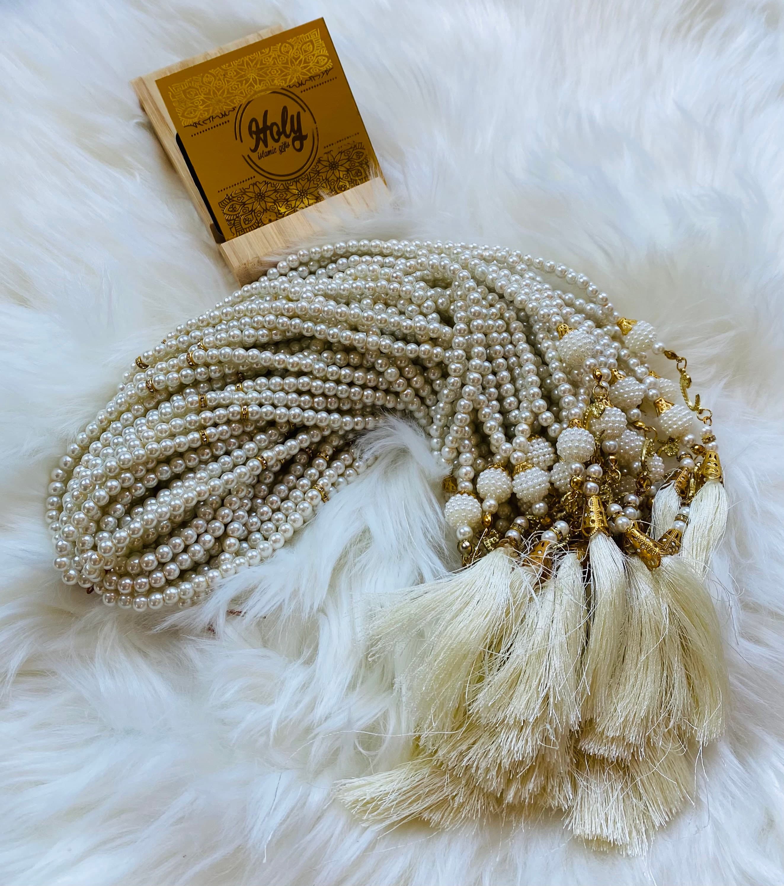 Cream Pearl Tasbeeh 99 Beads: Islamic Prayer tasbeeh with Gold Stone