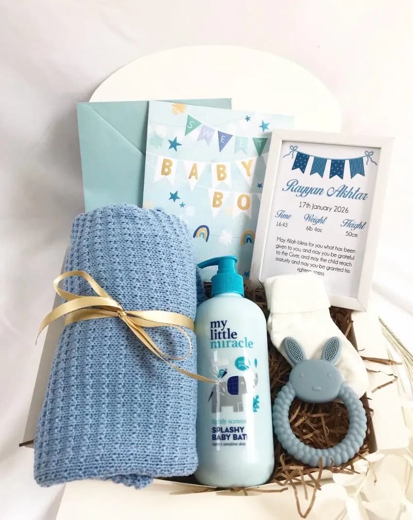 Luxury Personalised Hamper For Newborn Baby Boy Islamic Muslim Aqeeqah Gift Box Gift Set New Parents New Mum New Dad New Arrival Blanket